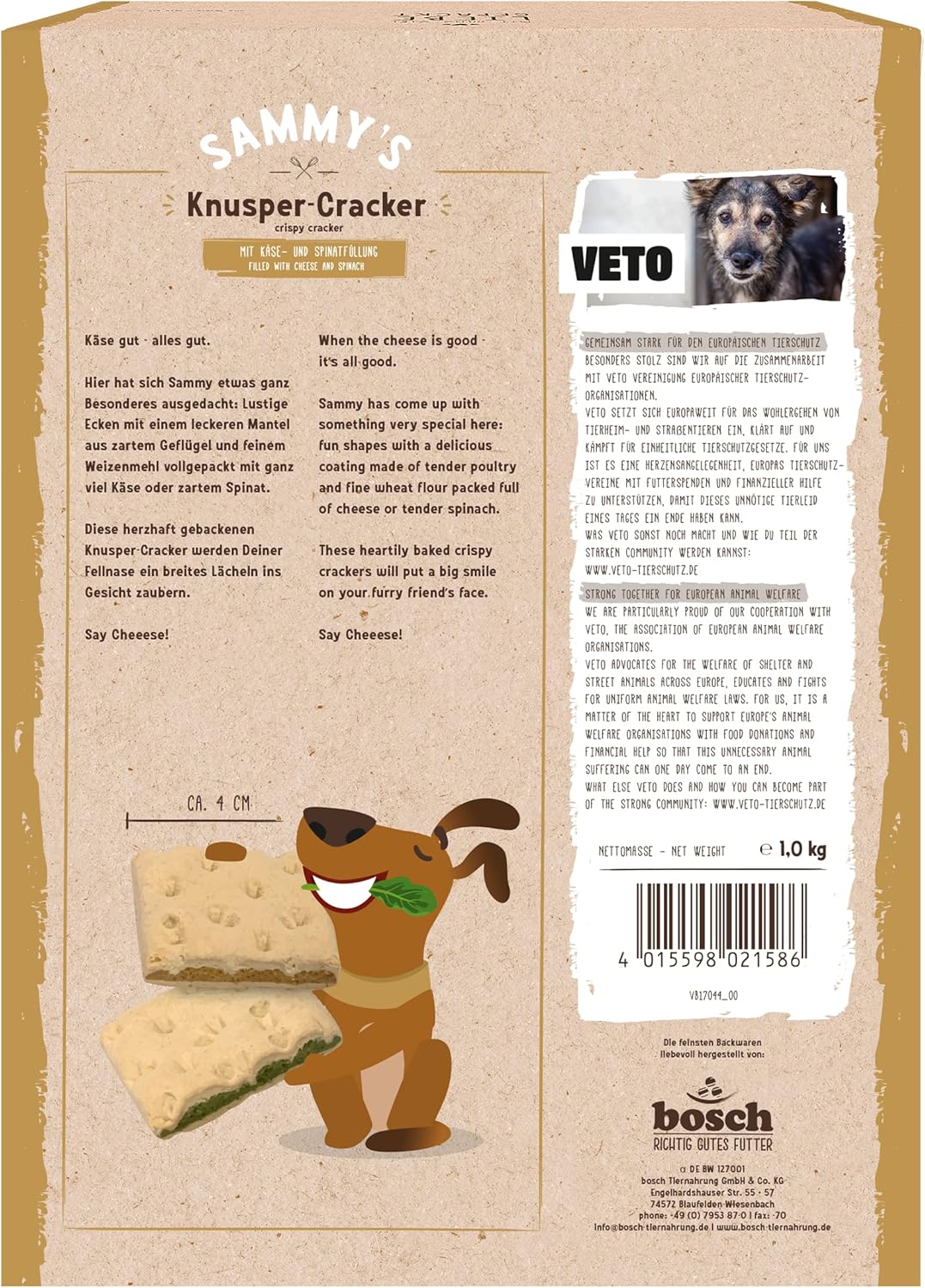 Detalle 1 de Sammy's Cnusper Cracker 4 x 1 kg : friandises croustillantes au fromage et épinards pour chiens adultes