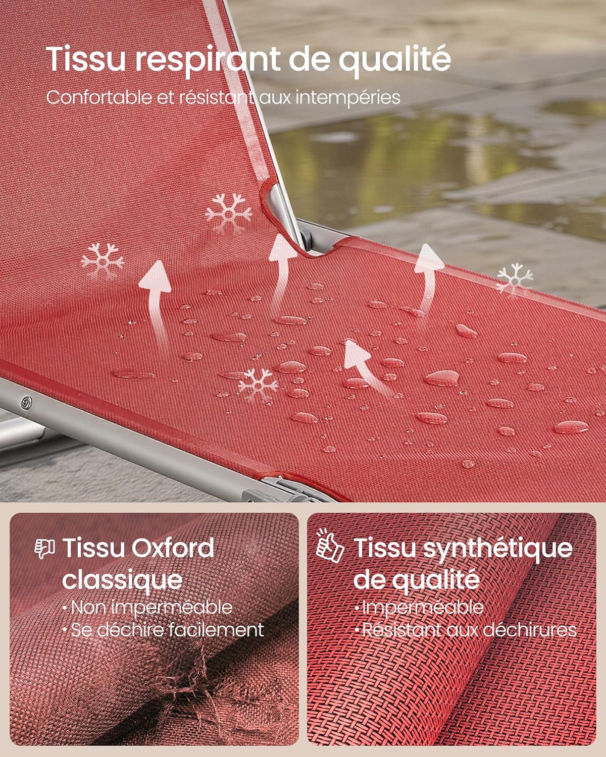 Detalle de SONGMICS Bain de Soleil pliable GCB19RD : transat rouge avec pare-soleil et dossier inclinable