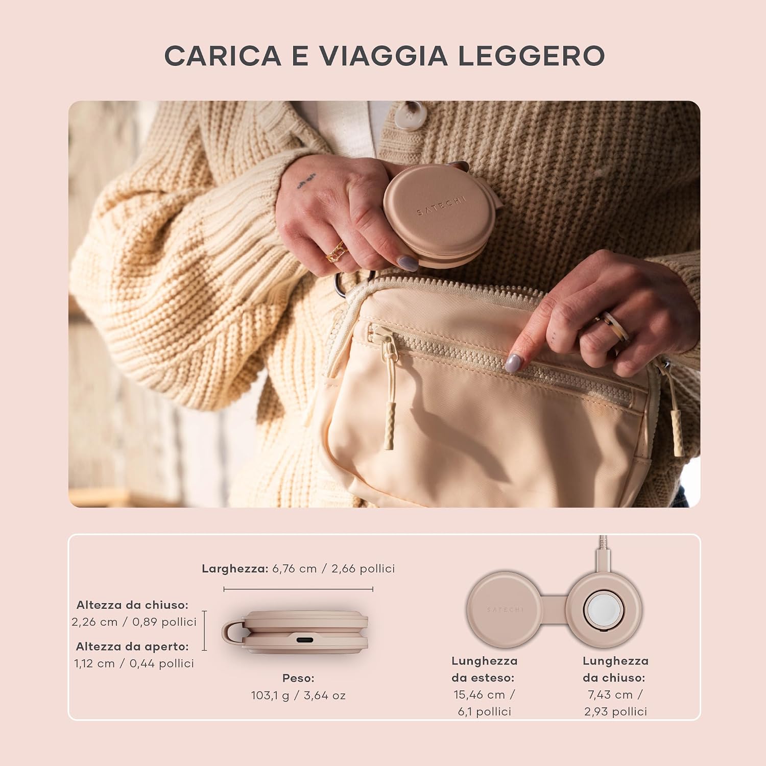 Detalle de SATECHI OntheGo 2-in-1 Caricatore Wireless Pieghevole: ricarica rapida Qi2 per iPhone e dispositivi Apple in viaggio
