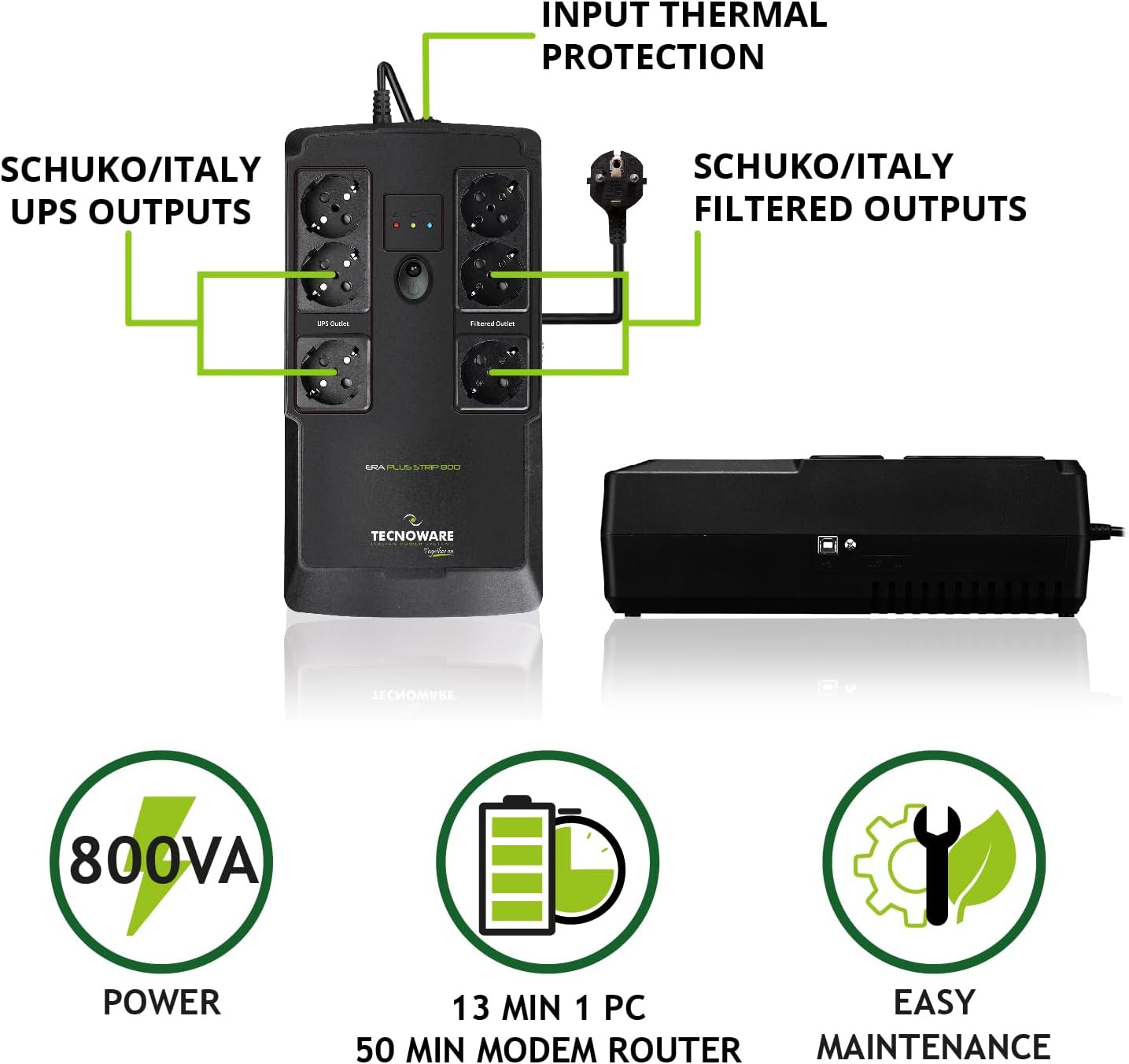 Detalle de Tecnoware Power Systems UPS ERA PLUS STRIP 800VA: gruppo di continuità con 6 Schuko per PC, modem e videosorveglianza