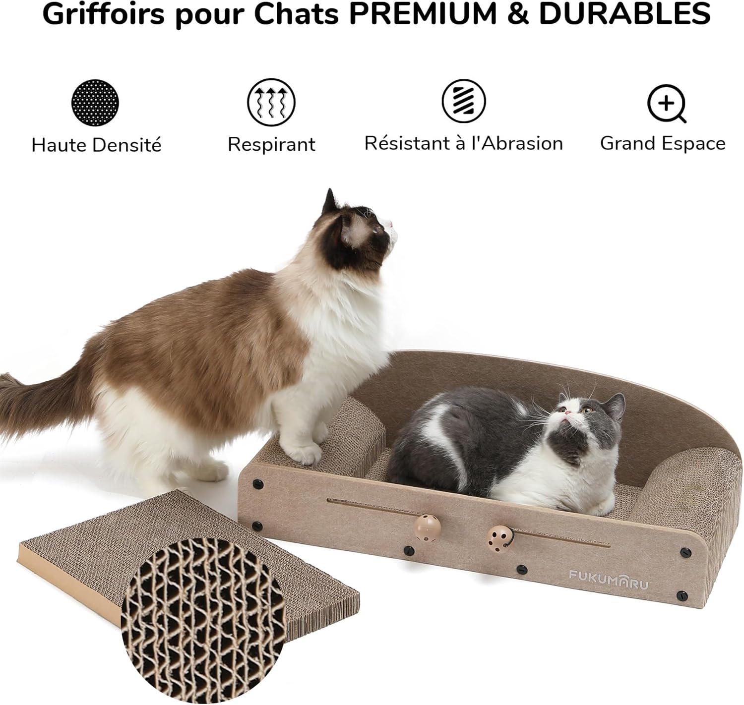 Thumbnail 2 de FUKUMARU Grattoir pour chat en carton 66 cm avec 2 griffoirs réversibles et balle cloche