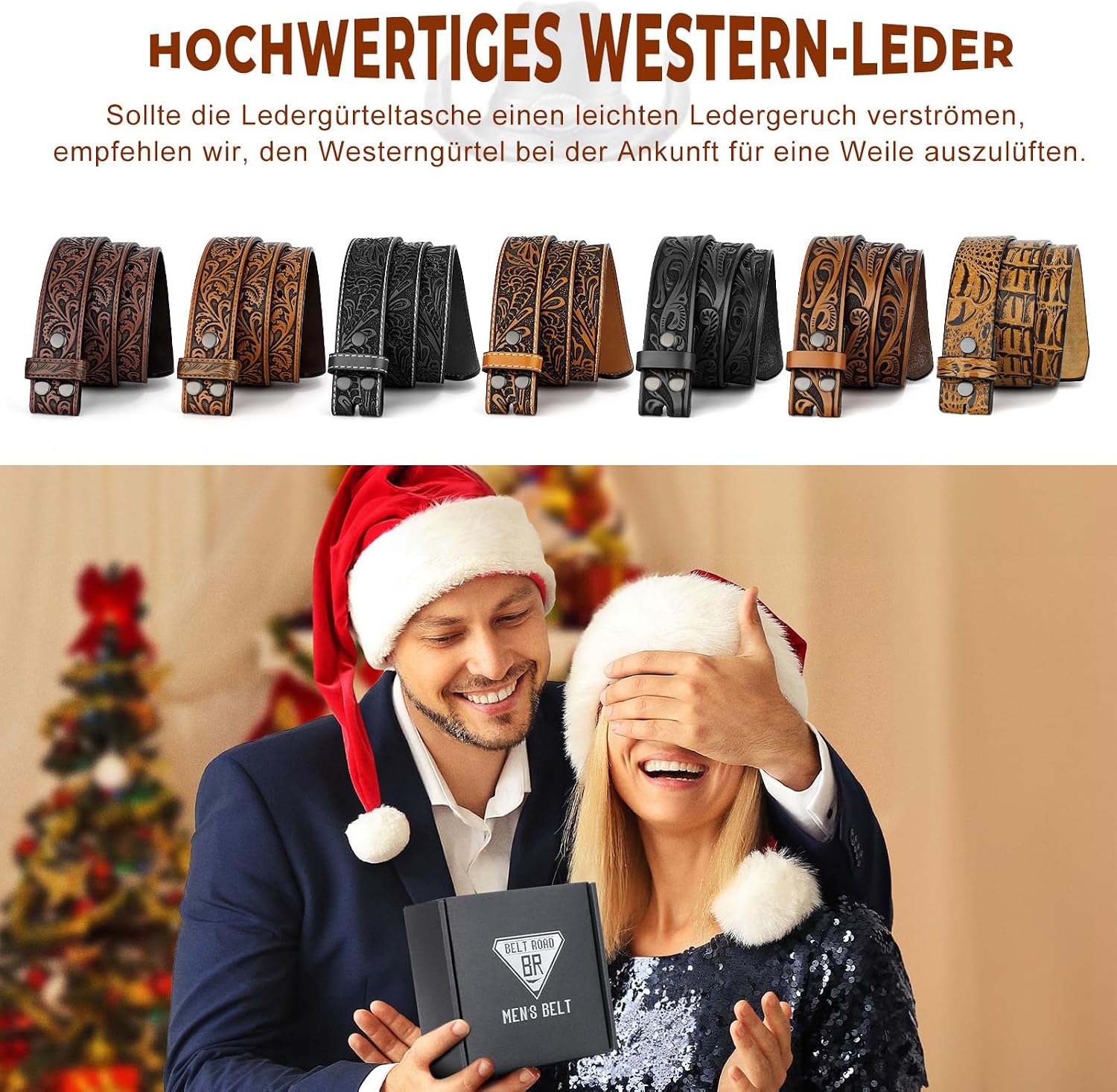 Detalle de BELTROAD Western Ledergürtel ohne Schließe für Jeans & Cowboystyle – verstellbarer Gürtel mit Austausch-System