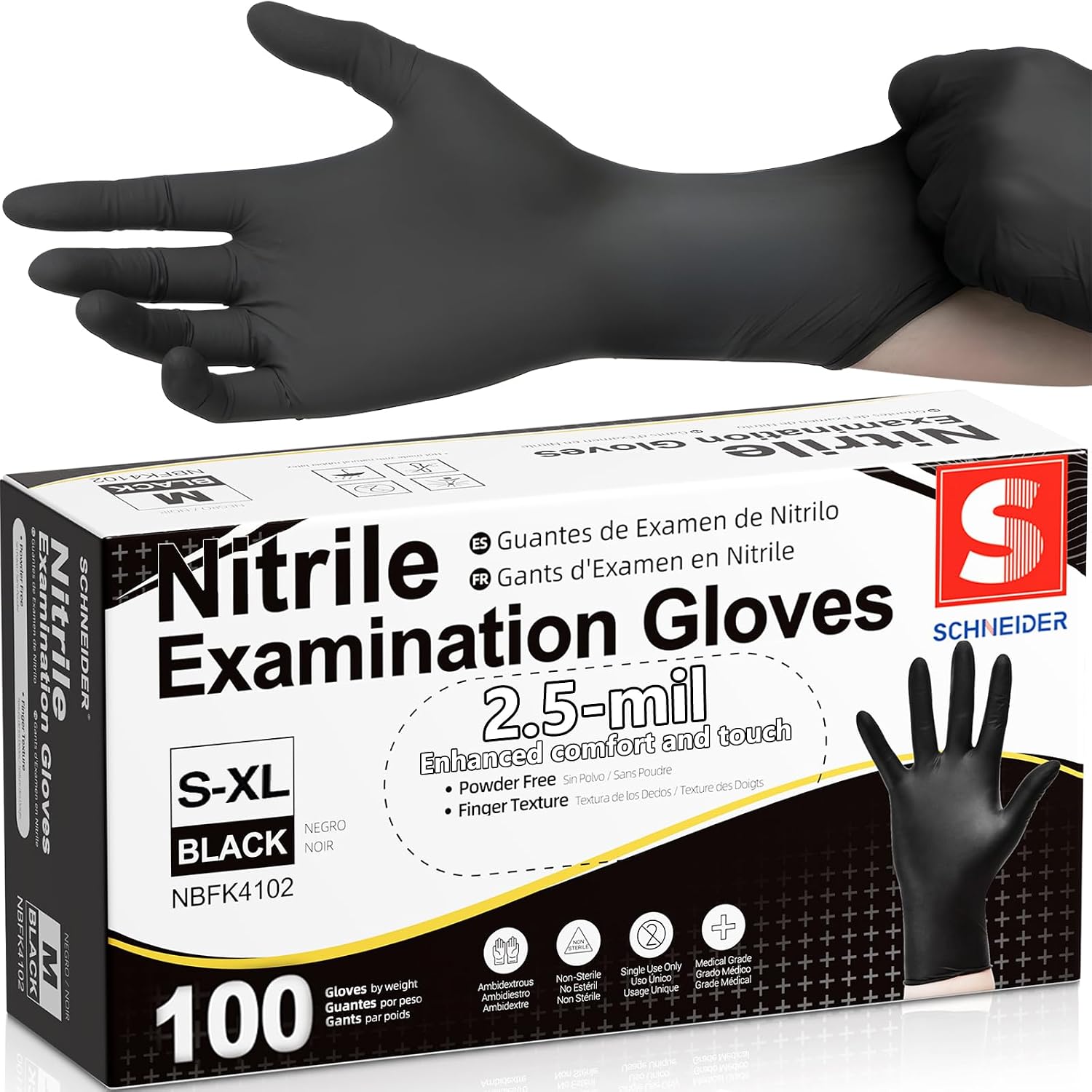 Detalle de Schneider Medical Black Nitrile Gloves: Powder Free, Latex Free, 2.5 mil Exam-Grade (S–XL)