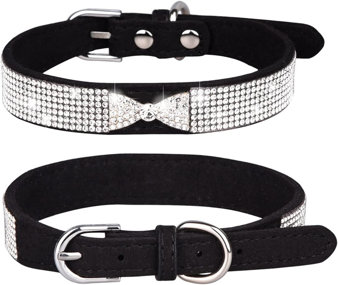 Detalle de Hotlion Rhinestone Dog Collar Bling Diamond Bowtie – Adjustable Velvet Collar (Dark Black, M)