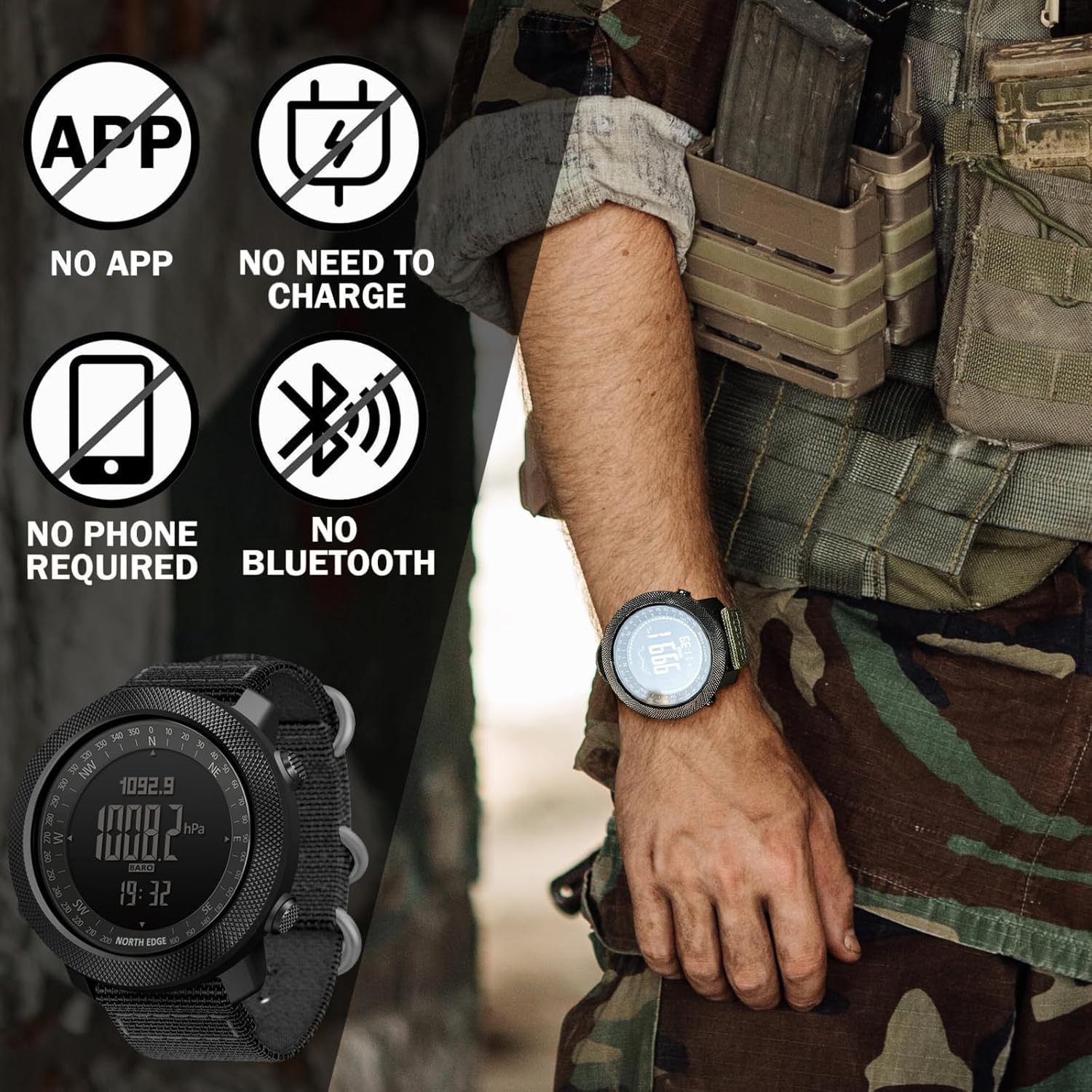 Thumbnail 3 de NORTH EDGE Apache Men’s Tactical Outdoor Digital Watch with Altimeter, Barometer & Compass