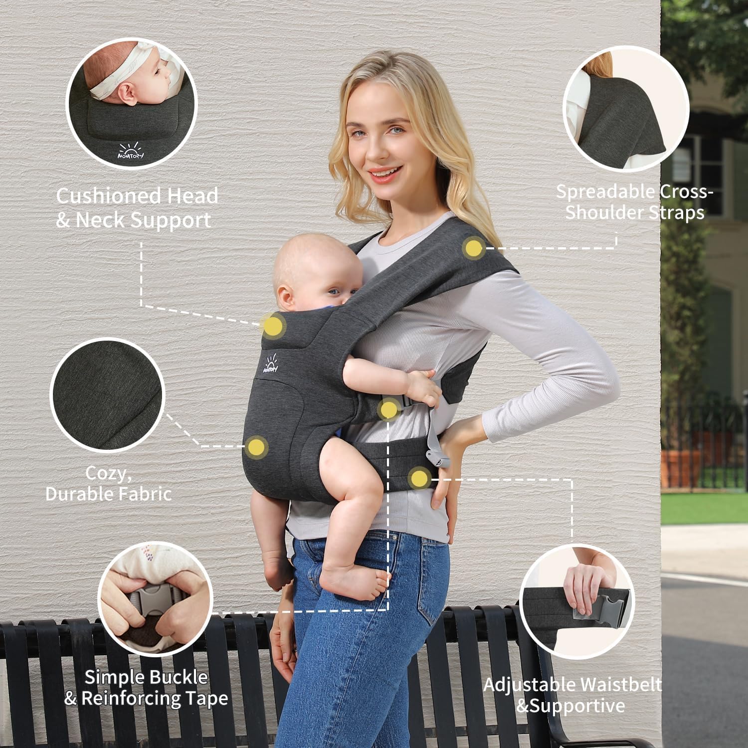 Thumbnail 2 de MOMTORY baby carrier from newborns (3–12 kg) with adjustable Hook & Loop hip seat