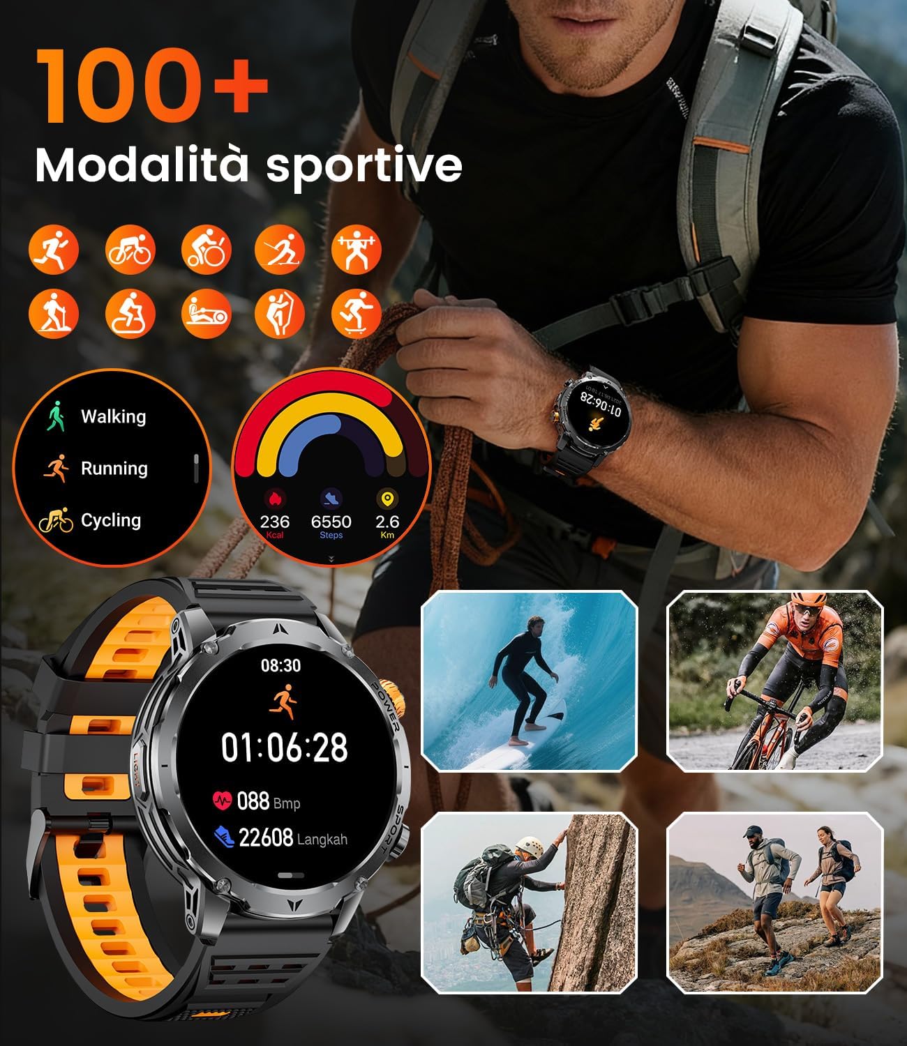 Detalle de SUNKTA Orologio intelligente militare da uomo con batteria 1.000 mAh, display 1,7”, Bluetooth, chiamate e monitoraggio salute