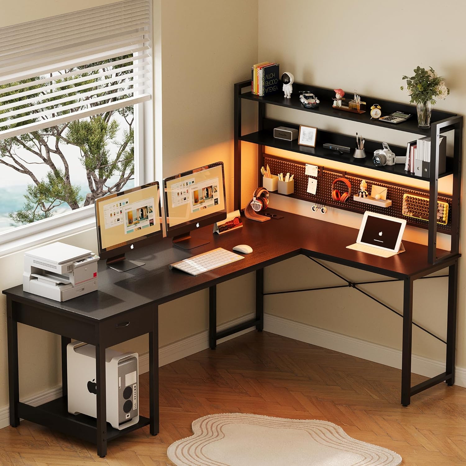 Thumbnail 1 de YOUDENOVA bureau gaming d’angle en L avec panneau perforé, étagère réversible et LED (noir)