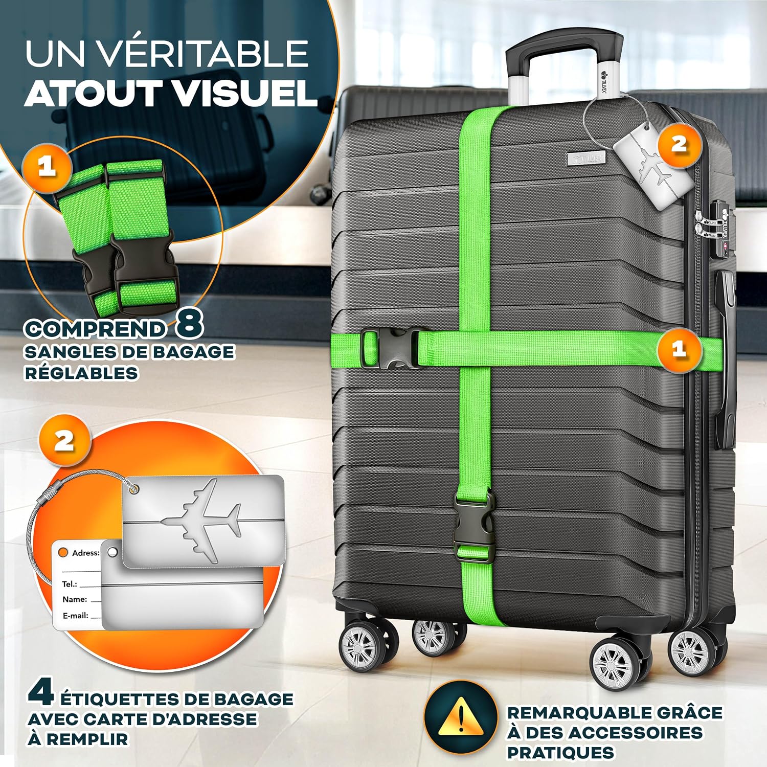 Detalle 2 de Set tillvex® de 4 valises rigides avec roulettes + balance, sangles et étiquettes (S/M/L/XL) gris/anthracite