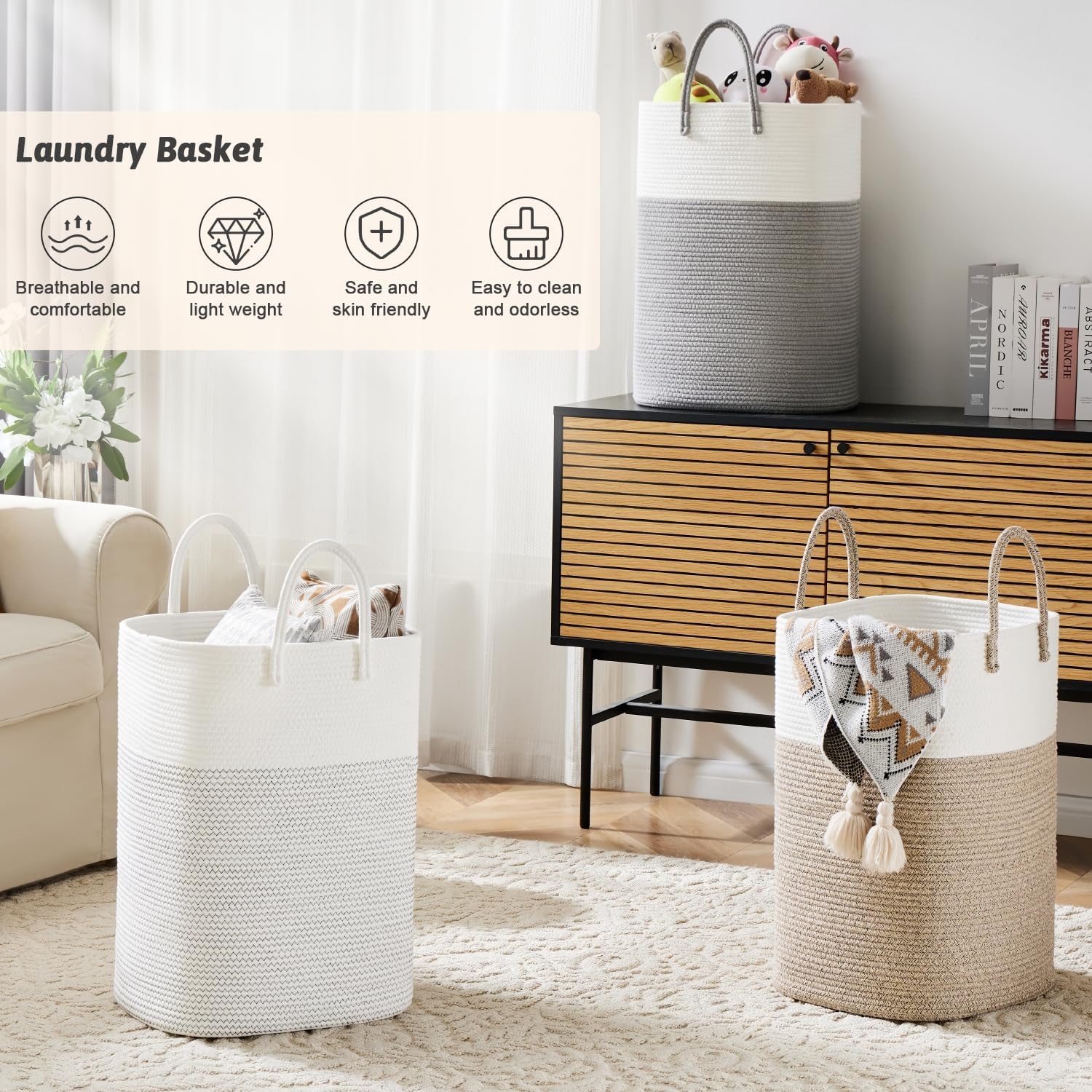 Detalle de Artfeel fang-01 60L Woven Cotton Rope Laundry Hamper with Drawstring
