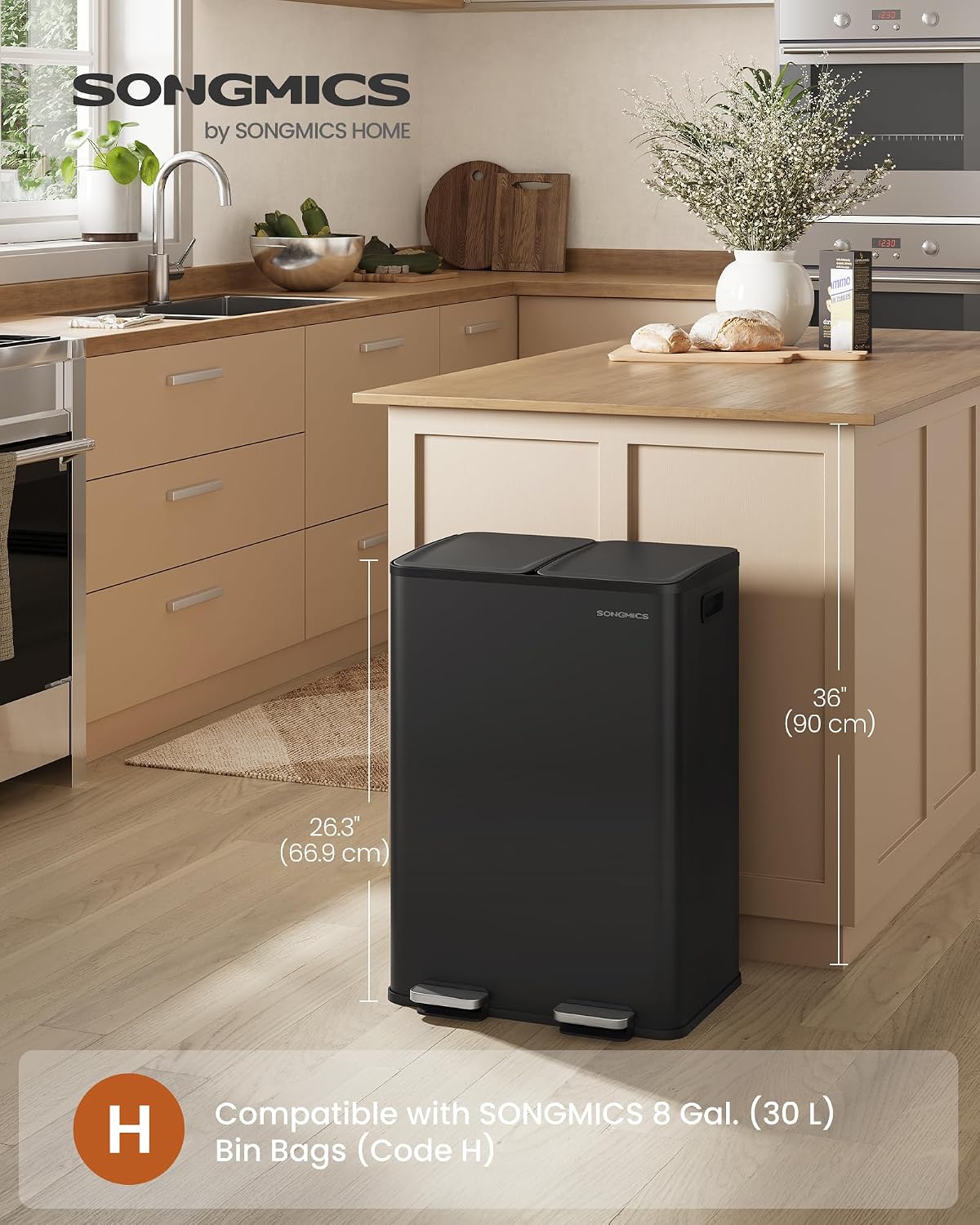 Detalle 2 de SONGMICS LTB741B02 2 x 30 L kitchen bin