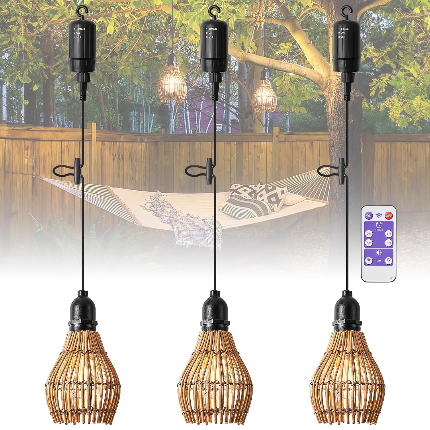 Detalle de SUCIKORIO 3-Pack Outdoor Rattan Pendant Lights, Dimmable, Battery-Powered