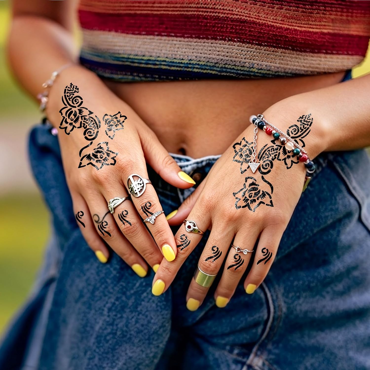 Detalle de RAZET 20 Blatt Henna Tattoo Schablonen Set – Selbstklebende Mehndi-Vorlagen für Handflächen & Finger