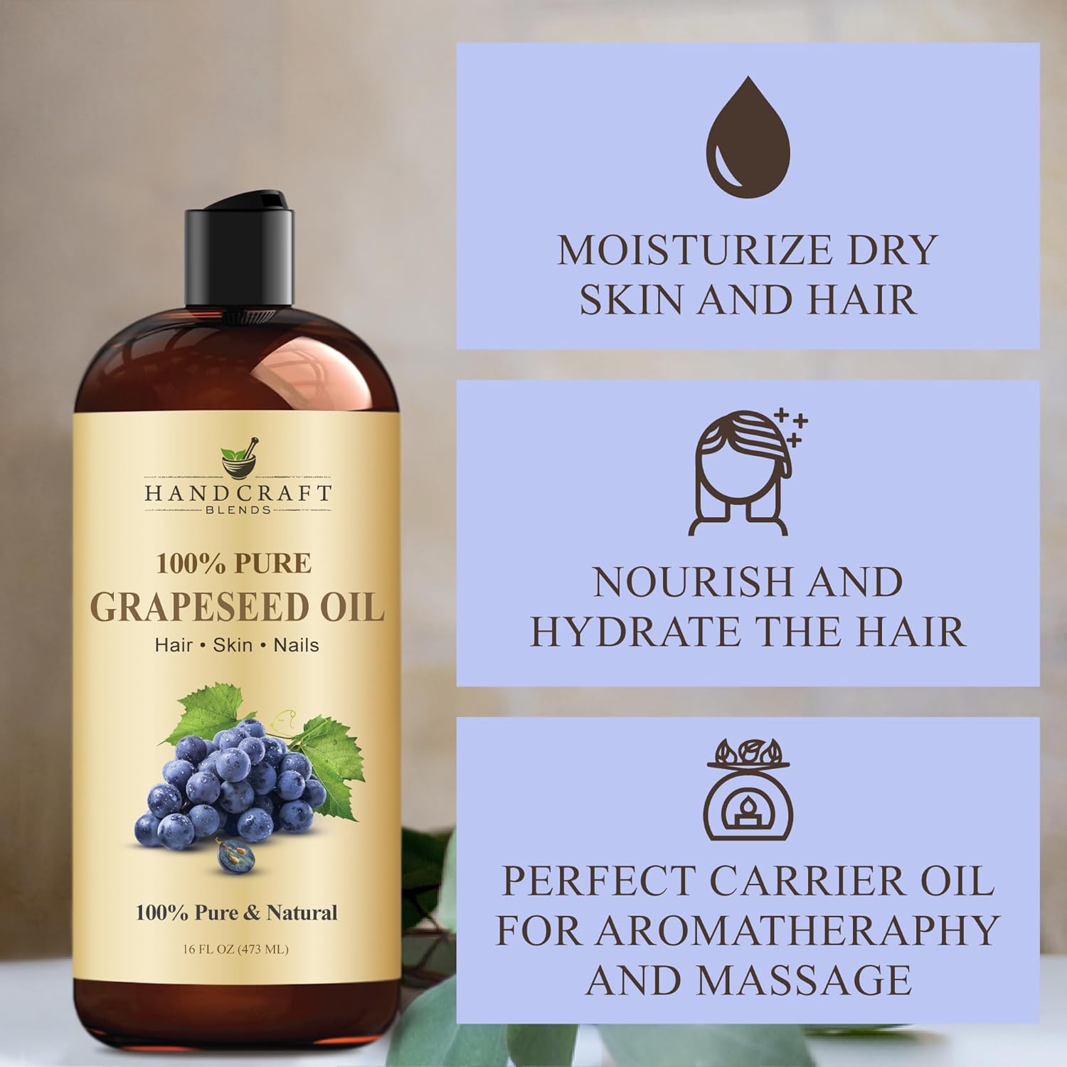 Detalle de Handcraft Blends Grapeseed Oil (Cold-Pressed, Hexane-Free) | 100% Pure Carrier Oil for Skin, Hair & Massage | 16 fl oz