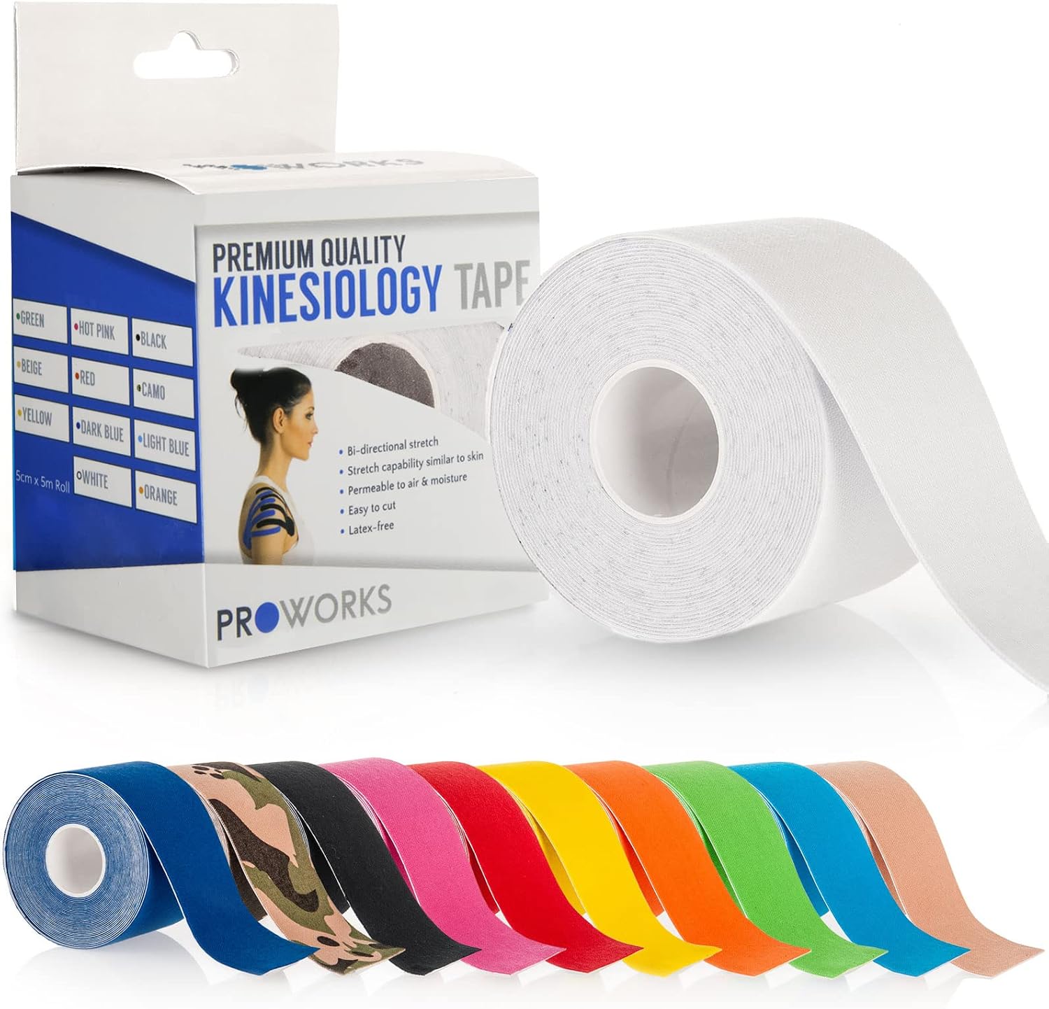 Detalle de Proworks Kinesiology Tape 5m roll for muscle support, exercise & injury recovery (white)