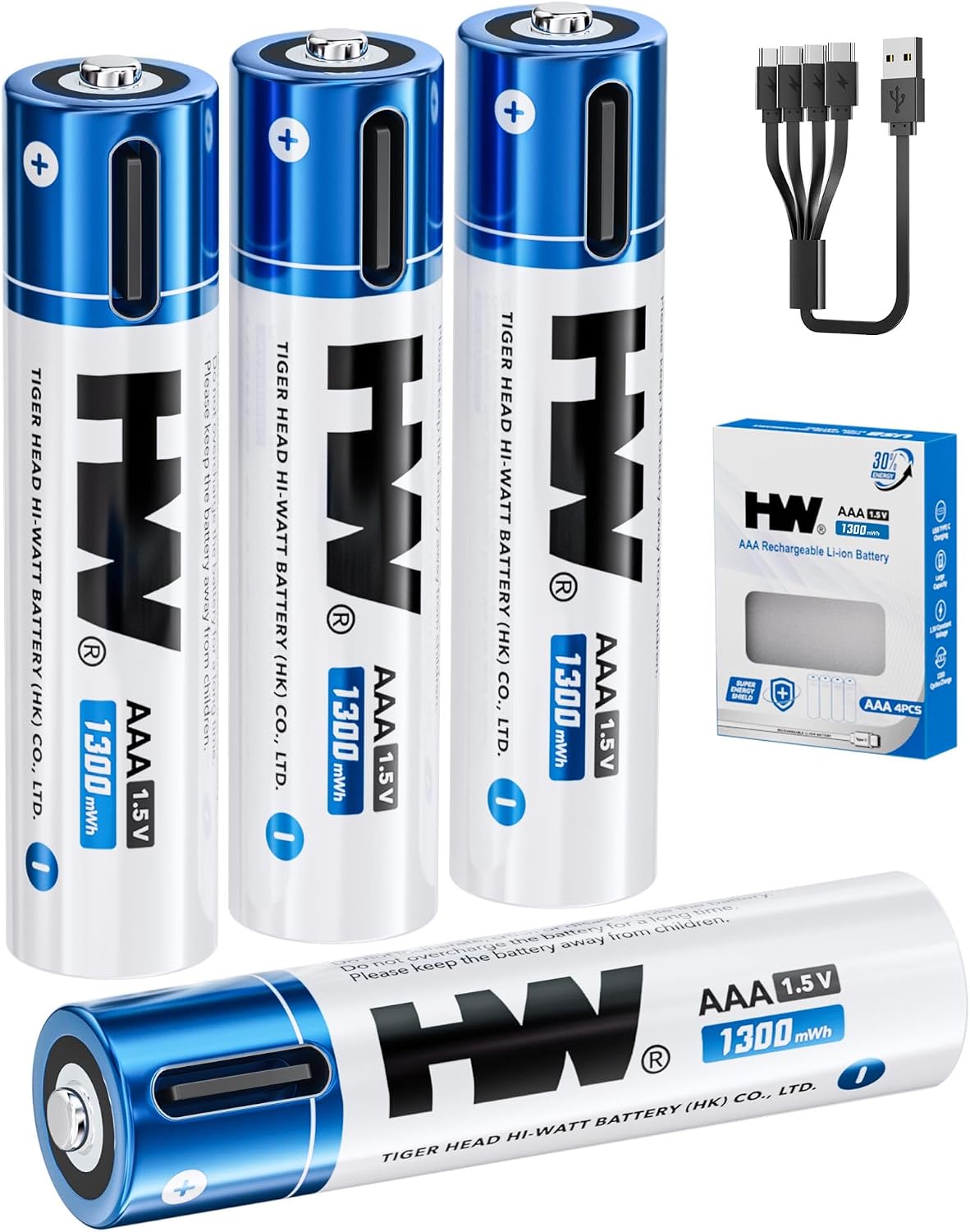 Detalle de HW TH-ICR713C Rechargeable AAA Lithium Batteries, 1.5V, 1300mWh, USB-C