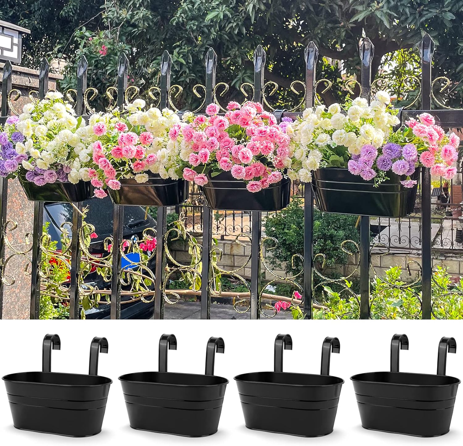 Detalle 2 de 4pcs hanging flower pots, black metal planters
