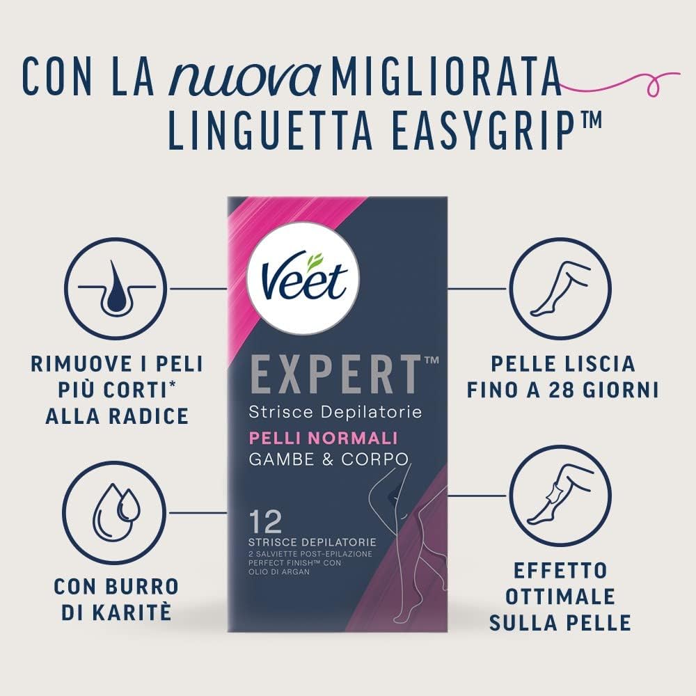 Detalle de Veet Expert Strisce Depilatorie Gambe e Corpo – 3 confezioni da 6x2 strisce, con burro di Karité