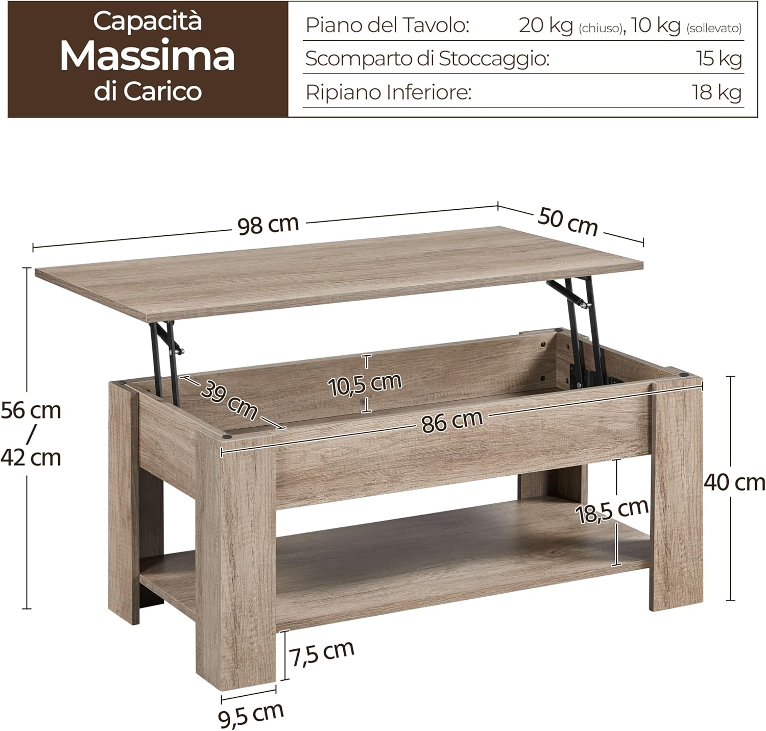 Thumbnail 2 de Yaheetech Tavolino da Caffè Sollevabile: tavolo moderno con ripiano inferiore e spazio nascosto, 98 x 50 x 42–56 cm, grigio