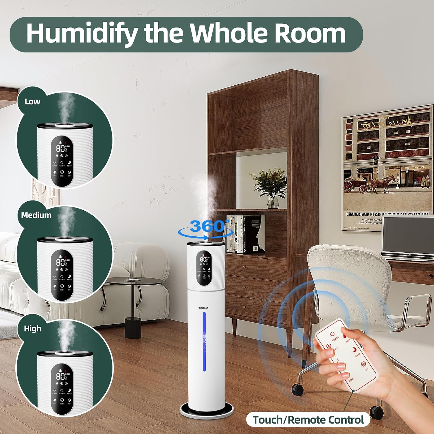Detalle 2 de Tebild H2008 Ultrasonic Cool-Mist Humidifier, 9 L Top-Fill, Remote Control