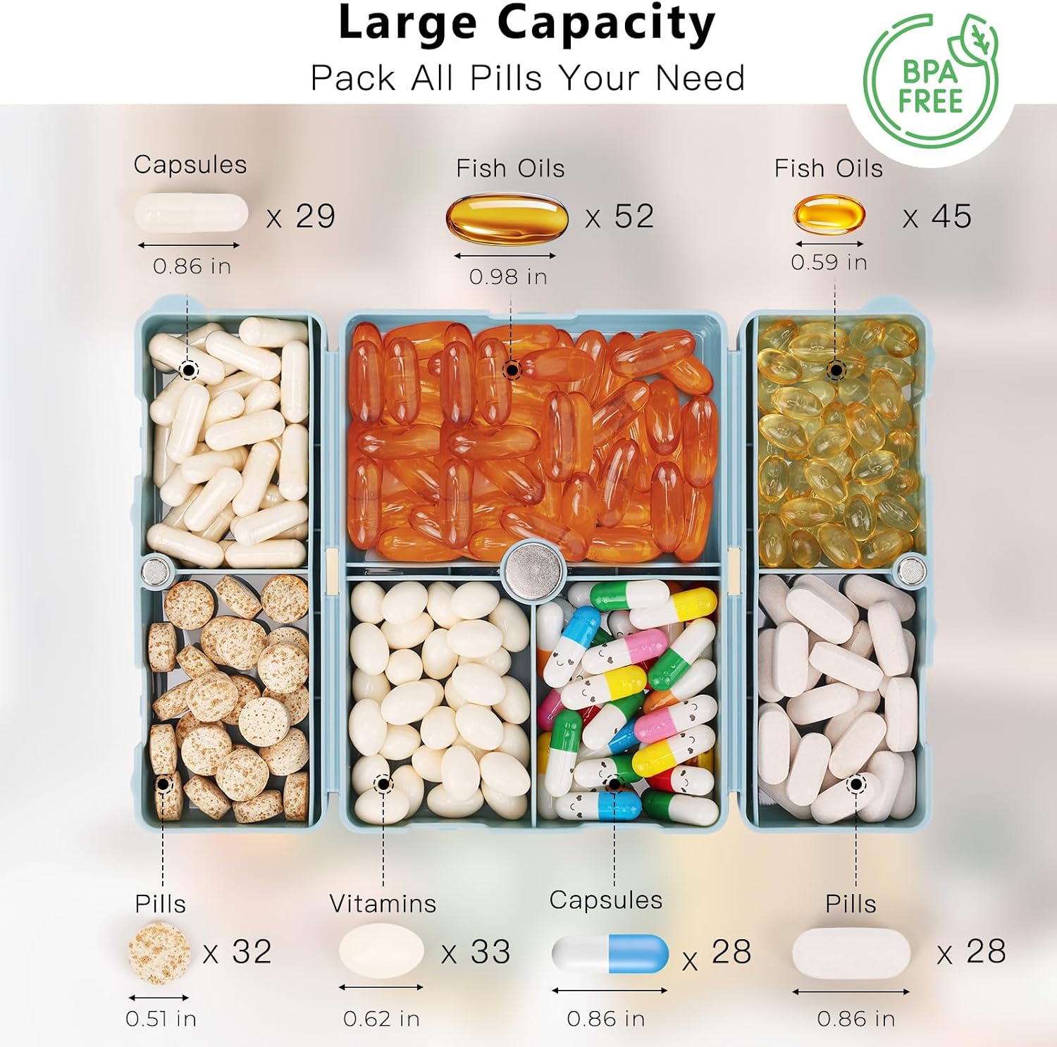 Detalle de FYY Daily Pill Organizer, 7 Compartments – Portable Magnetic Folding Case (SkyBlue)