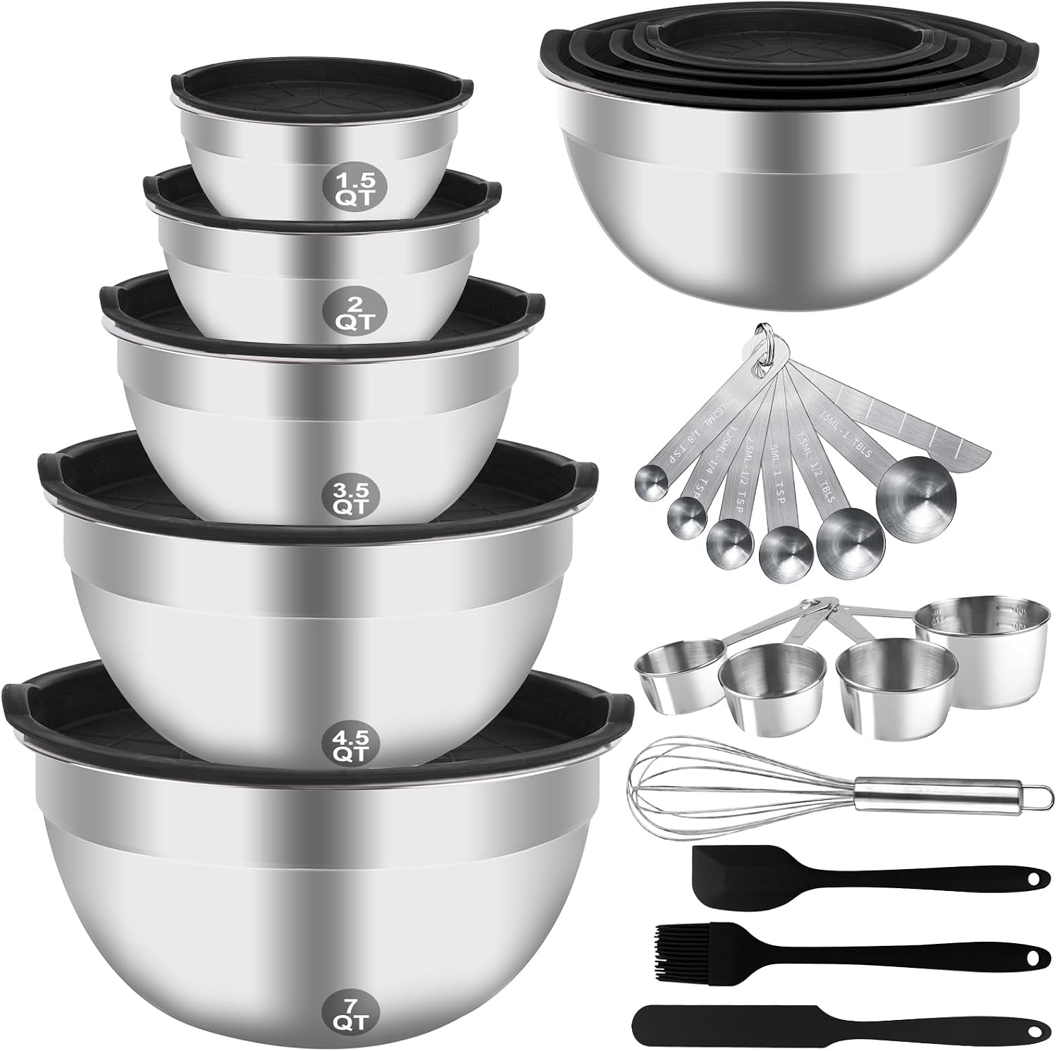 Detalle de WEPSEN 25-Piece Stainless Steel Mixing Bowls Set with Lids (5 Sizes) and Measuring Tools