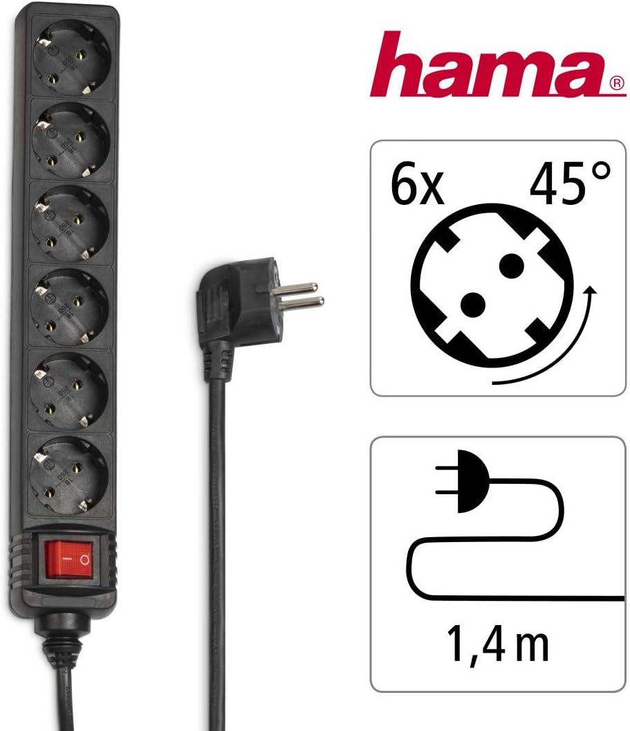 Thumbnail 1 de Hama Steckdosenleiste 6-fach mit Save-Energy-Schalter (45° gedrehte Steckplätze), schwarz, 1,4 m