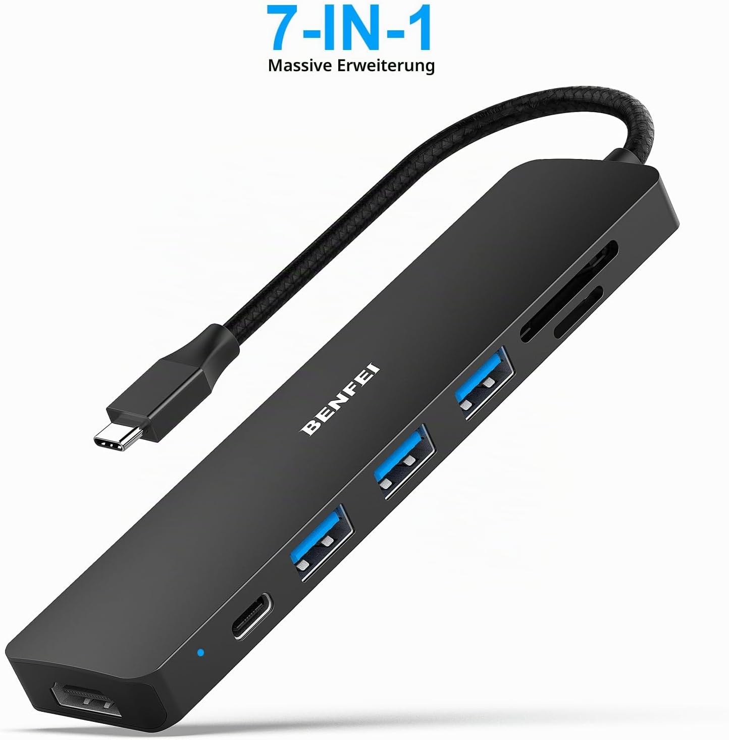 Detalle de BENFEI 7-in-1 USB-C Hub mit HDMI, 3× USB 3.0, SD/TF-Kartenleser und 60-W Power Delivery
