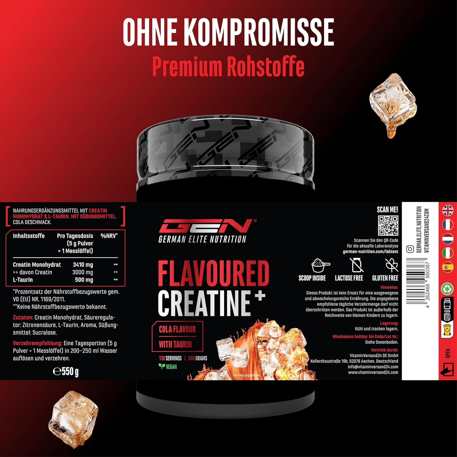 Detalle de Flavoured Creatine Pulver (550 g) – Creatin Monohydrat + L-Taurin, mikronisiert, vegan (Cola)