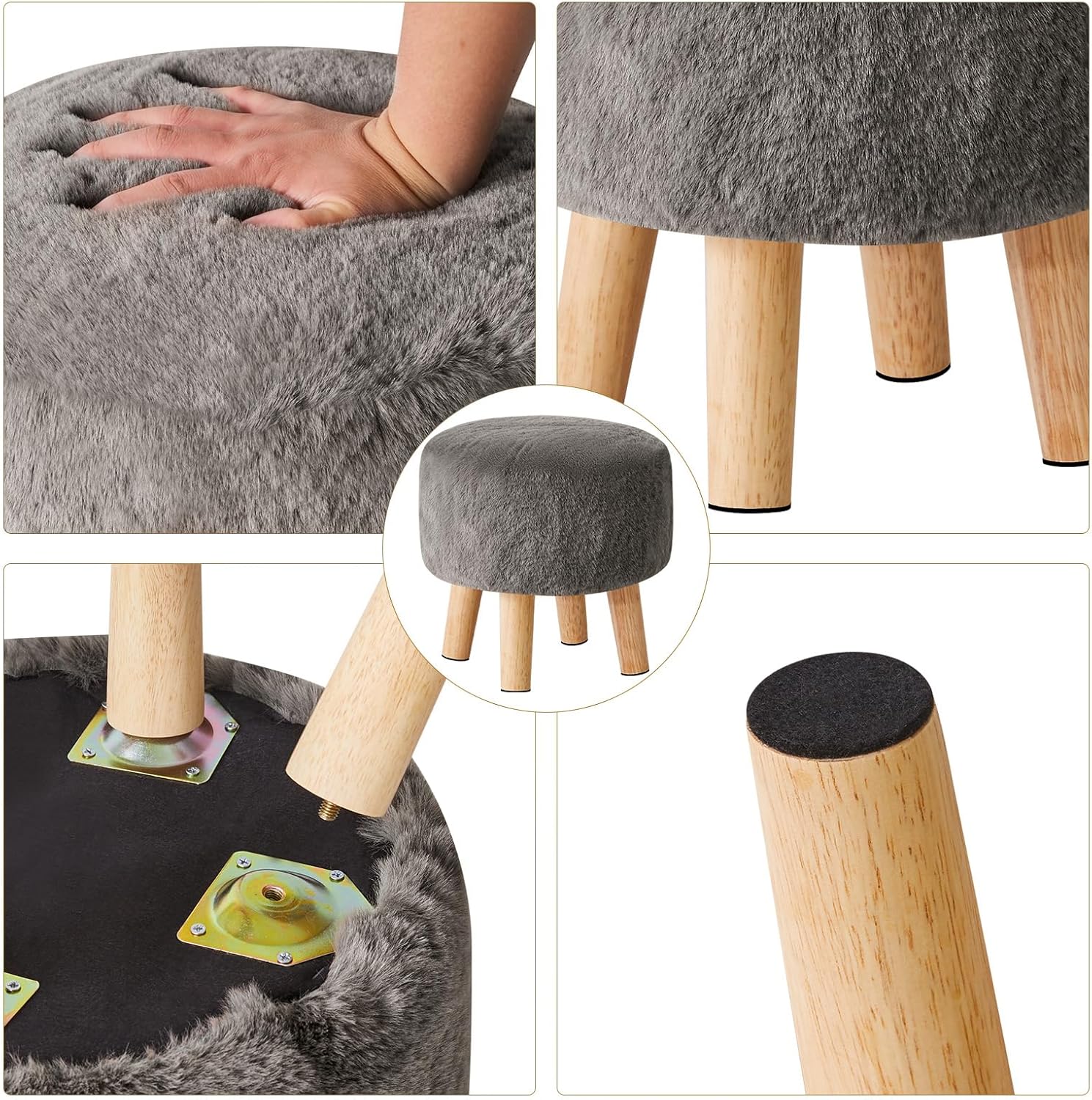 Detalle 2 de YMYNY Rotondo Sgabello Ottomano Poggiapiedi Grigio scuro 32×32×32CM, gambe in legno antiscivolo