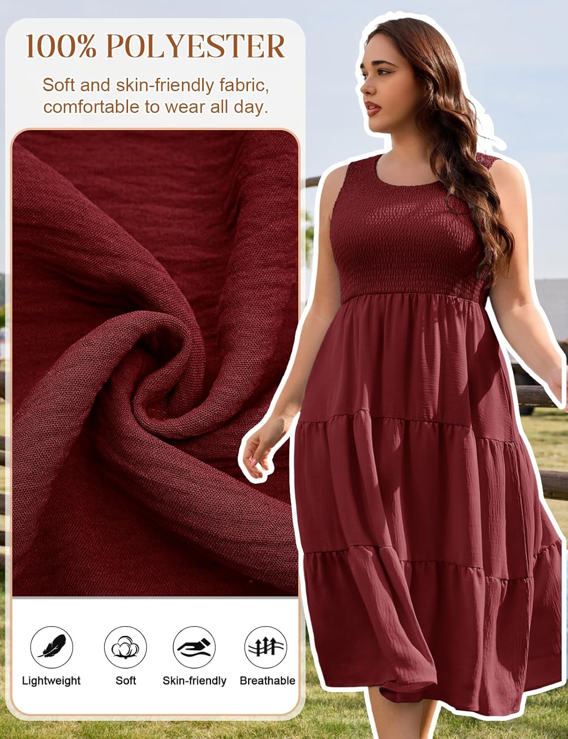 Detalle de PASUDA Robe Longue d'Été Femme Taille Grande – Col Carré, Sans Manches, Taille Haute Élastique, Fluide et Chic