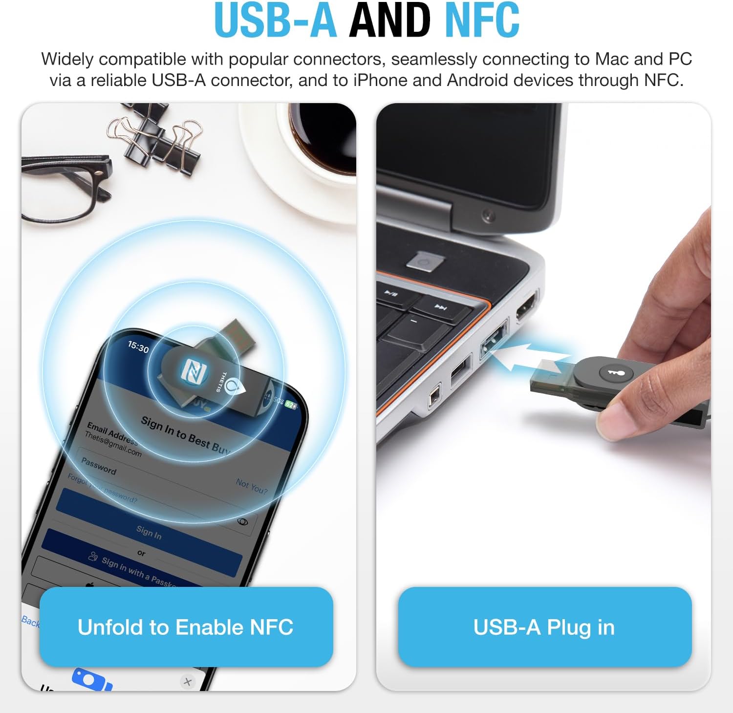 Detalle 1 de Thetis MB000476 FIDO2 Security Key with USB-A, NFC and TOTP/HOTP