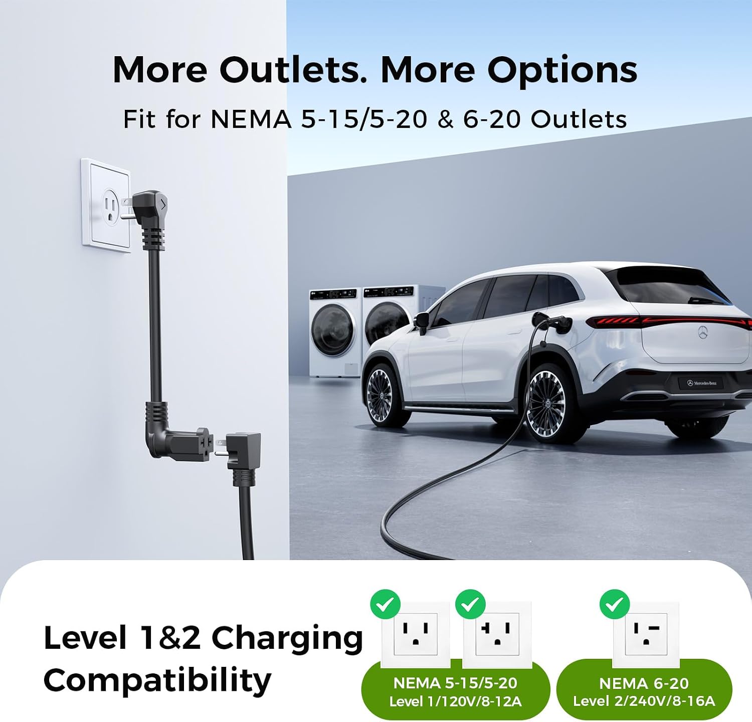Thumbnail 3 de 2026 Grasside Level 1&2 EV Charger — Portable J1772, 25ft Cord, 8–16A Adjustable, NEMA 5-15/6-20, All-in-One Home & Travel Charging