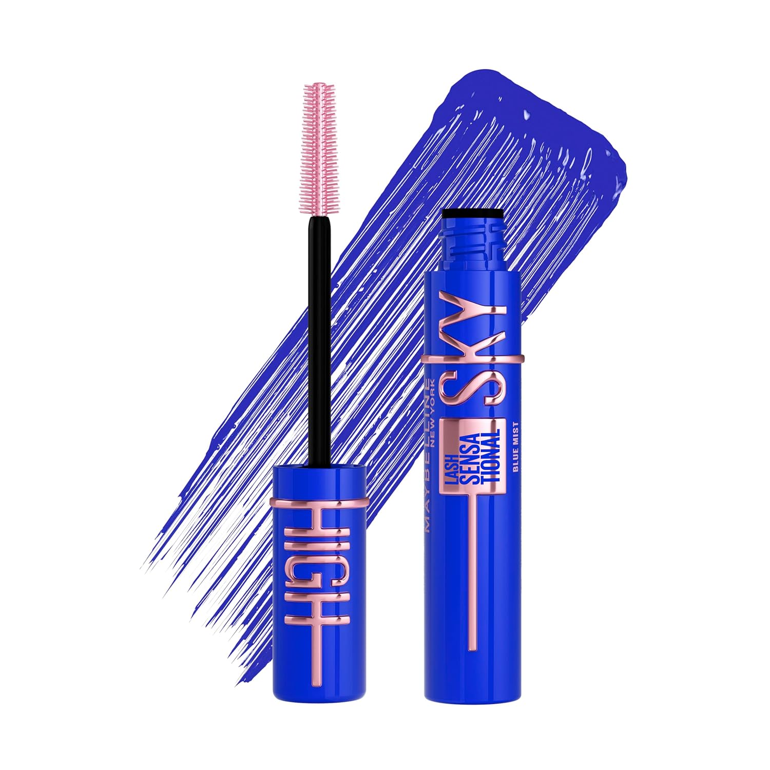 Detalle de Maybelline New York Sky High Blue Mist Wimperntusche in intensivem Blau – für extreme Länge & volles Volumen