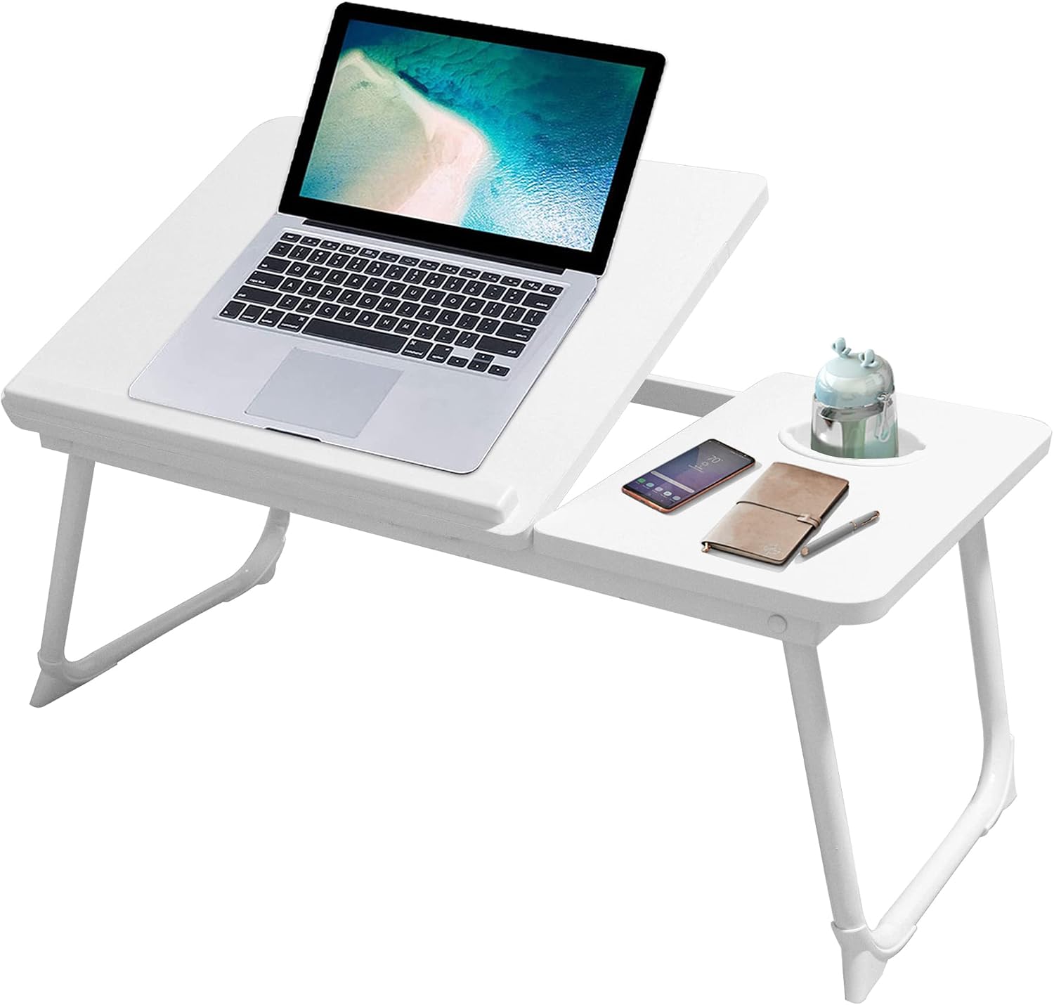 Detalle de Laptop Desk with Foldable Legs & Cup Slot (White) – Bed Tray for Sofa, Bed, or Terrace