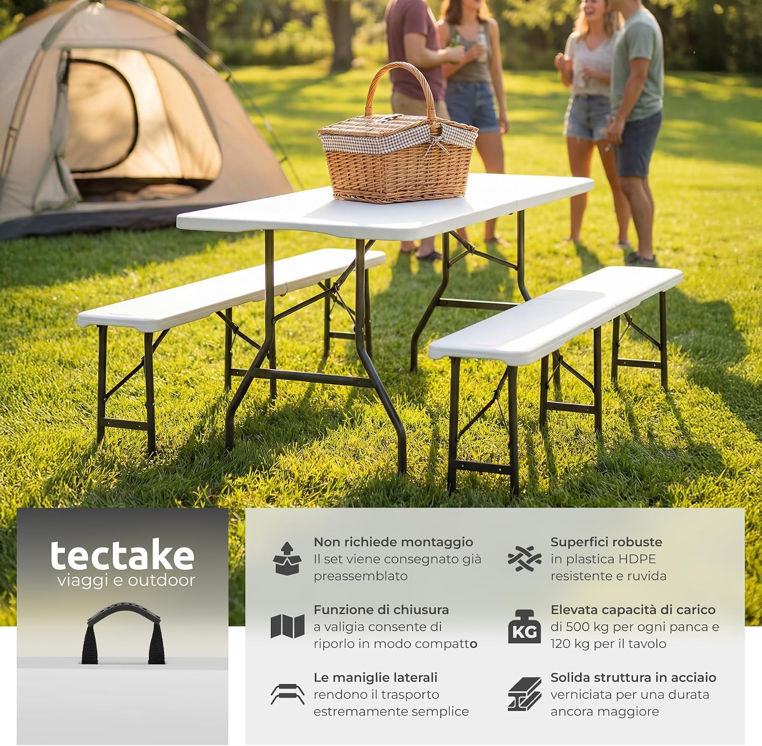 Detalle de tectake Panja II 406626 campingbord med två bänkar, hopfällbart och vitt