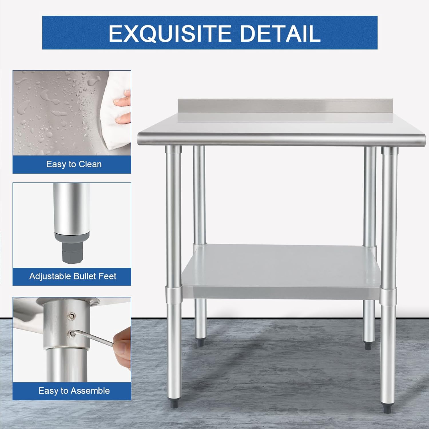 Thumbnail 4 de HARDURA Stainless Steel Table Prep & Work Table 24 x 36 Inches (NSF) with Undershelf and 2-inch Backsplash
