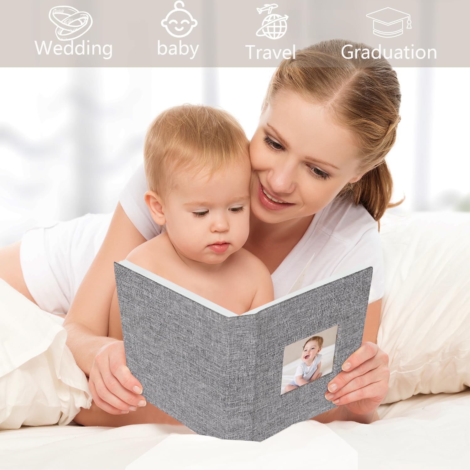 Thumbnail 4 de Miaikoe Small Photo Album 6x4 (2 Packs) – Linen, Top Loading, 50 Pockets per Album, Holds 100 Photos (Grey) – Ideal for Family, Weddings and Baby Memories