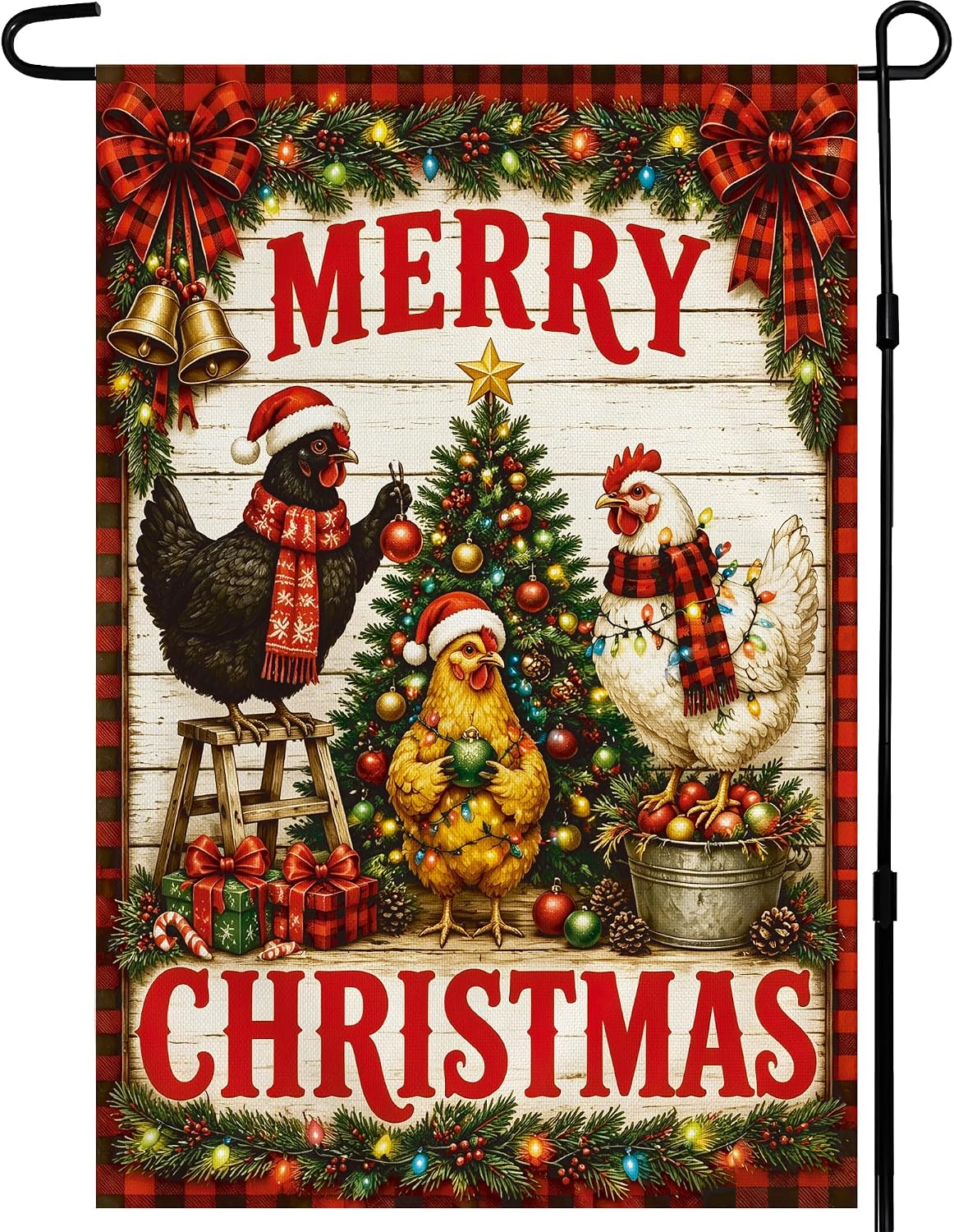 Detalle de OHOME Farmhouse Chickens Merry Christmas Garden Flag, Double-Sided Polyester