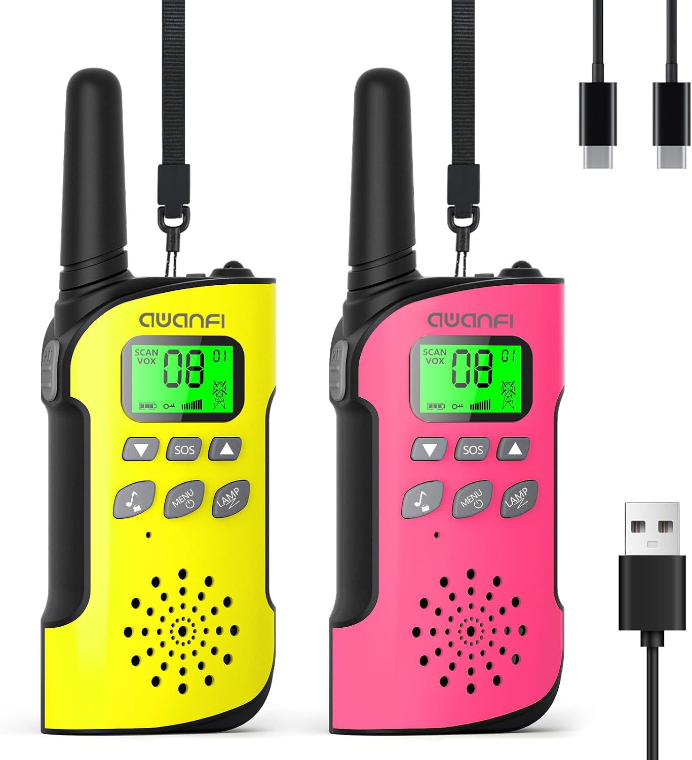 Detalle de AWANFI Kinders-Walkie Talkie: Wiederaufladbar, VOX, Taschenlampe und SOS – ideal für Camping und Abenteuer