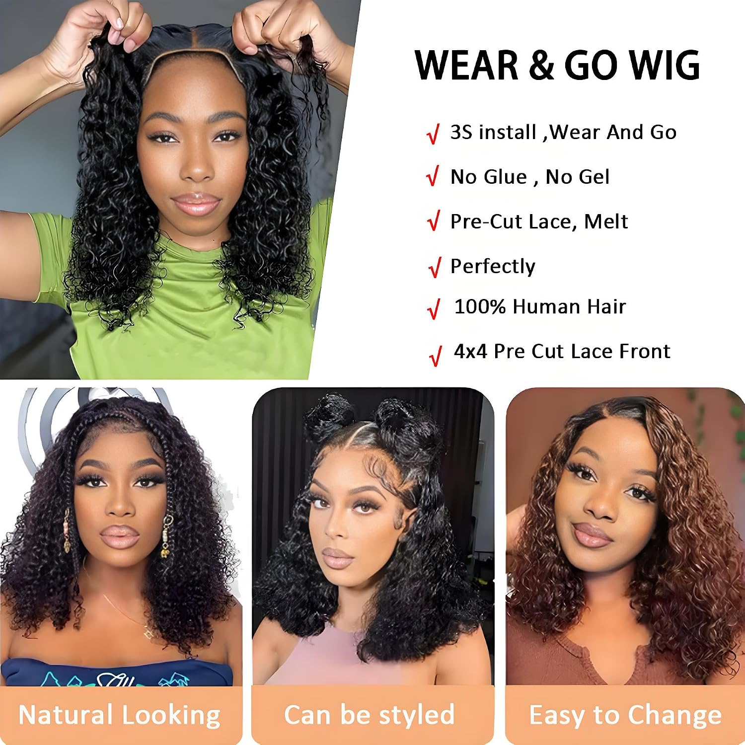 Detalle 2 de TOMAFUN 16-Inch Deep Wave Human Hair Bob Wig, 4x4 HD Lace, Glueless