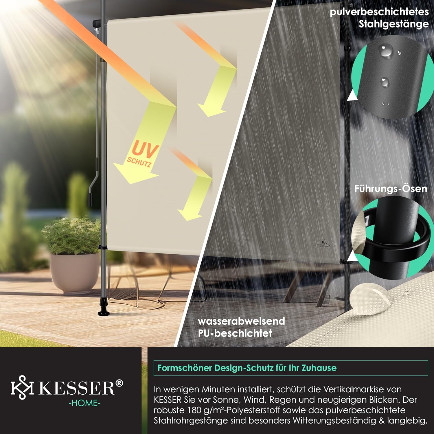Detalle de KESSER Klemmmarkise 120x310 cm – wetterfester Sichtschutz ohne Bohren, Wind- & Sonnenschutz