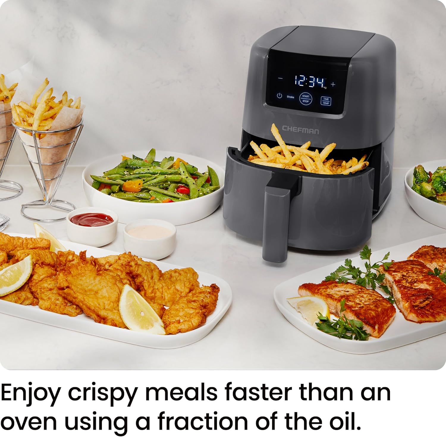 Thumbnail 1 de Chefman 2L Mini Air Fryer (Digital, Grey) – compact 2-litre model with shake reminder