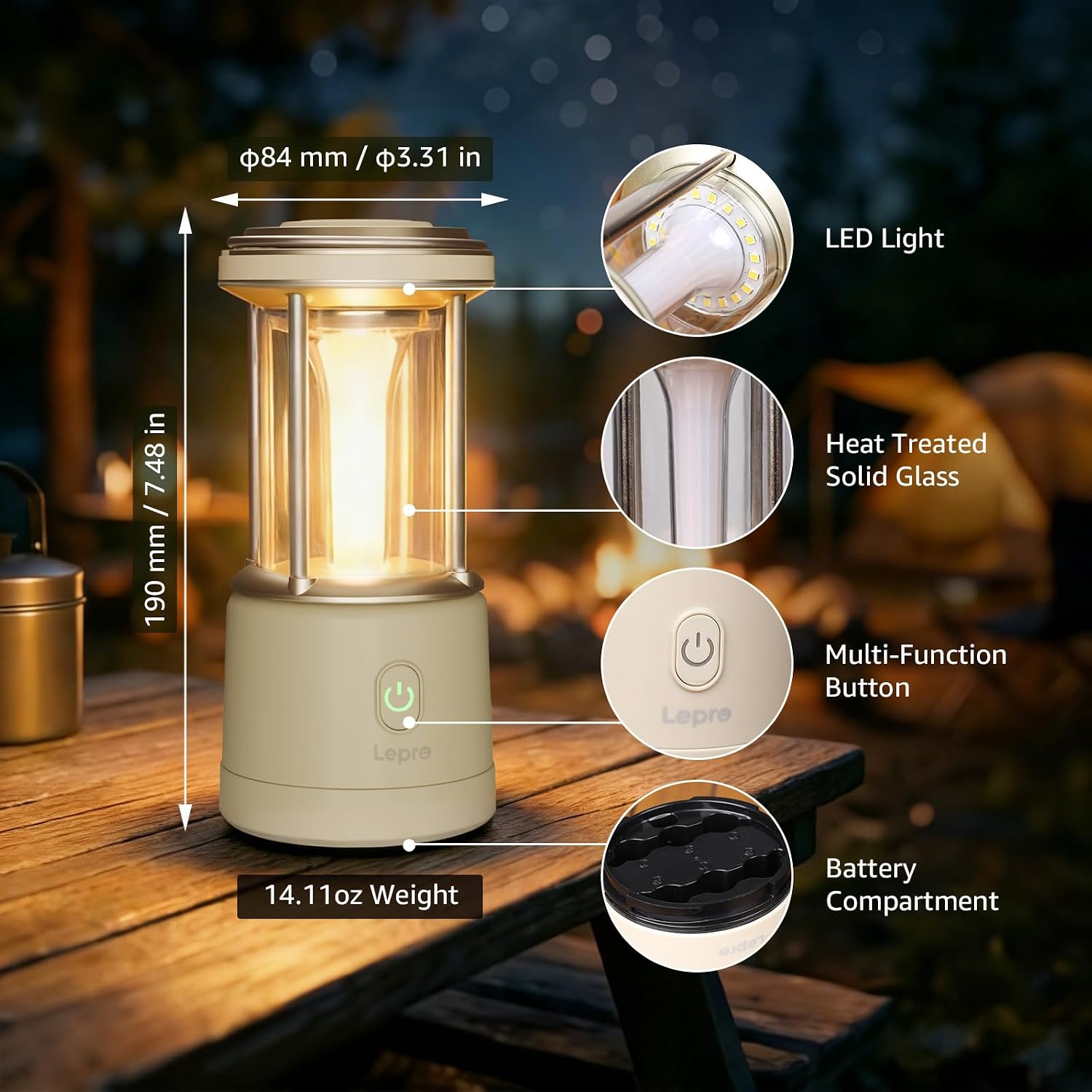 Detalle de Lepro Lanterne Camping LED 1100 lm, dimmable 5 modes sur piles AA (IPX4)