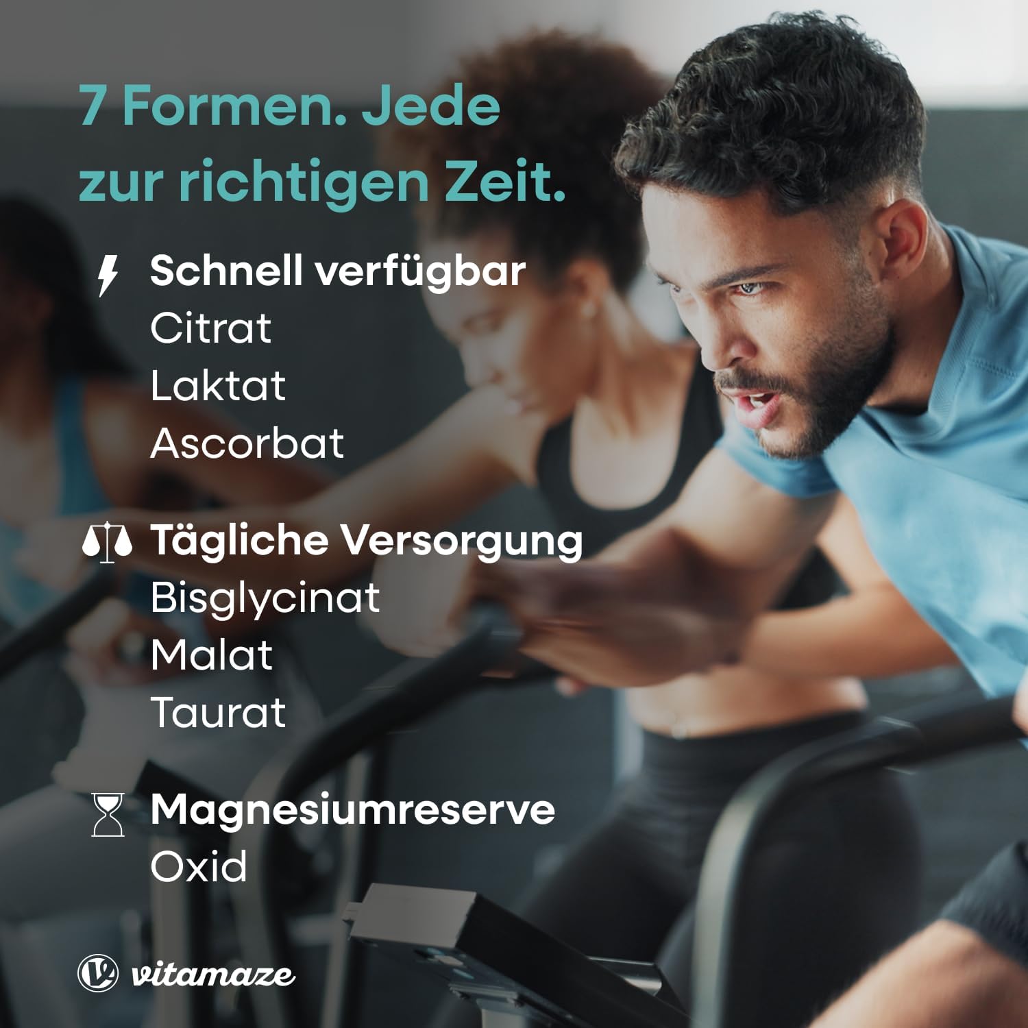 Detalle de Vitamaze Magnesium Complex 400mg | 7 Formen + Vitamin B6 & D3, Bisglycinat, Citrat, Malat, Oxid, Taurinat, Ascorbat, Lactat – Made in Germany