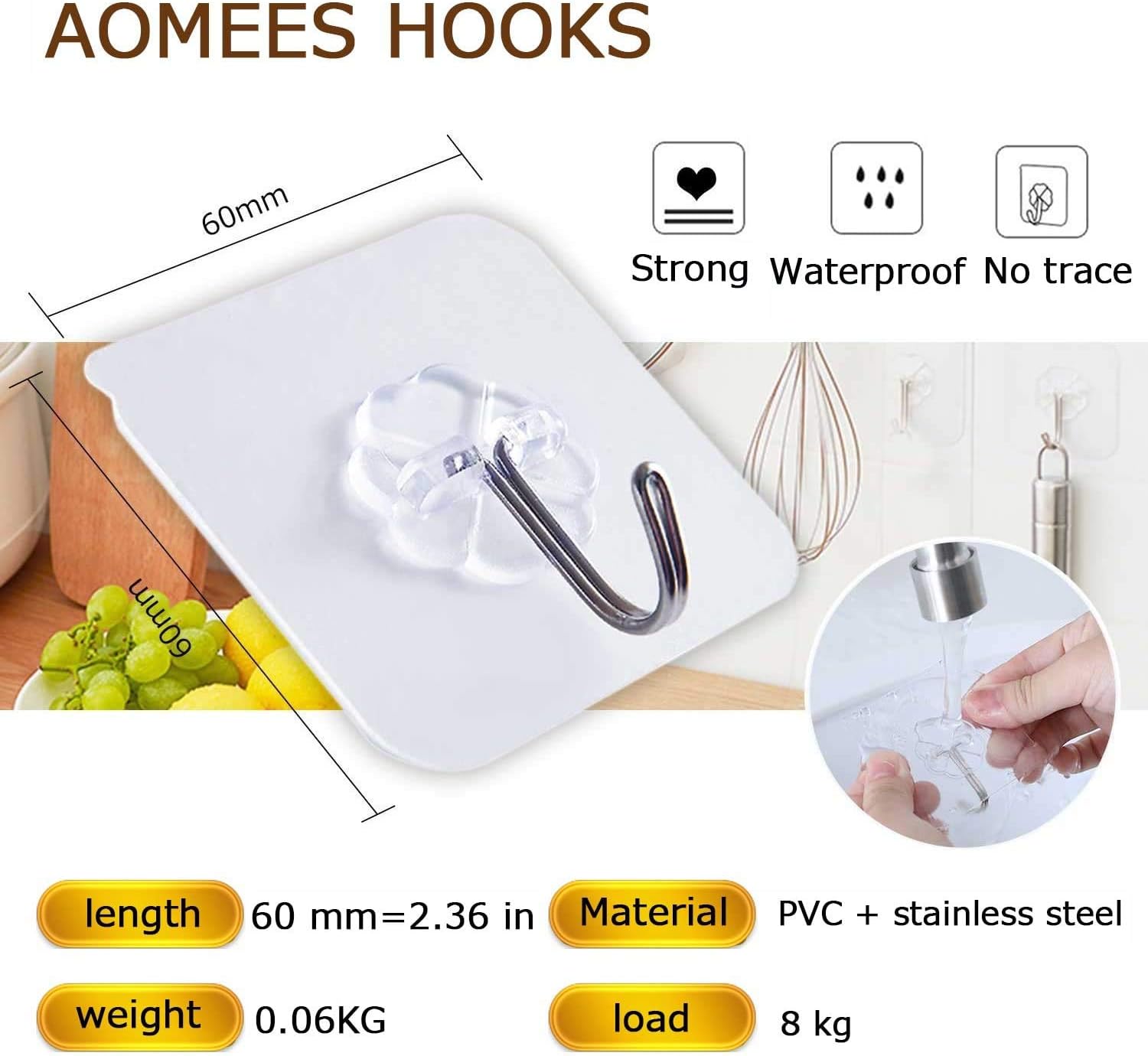 Thumbnail 2 de AOMEES Adhesive Heavy Duty Hooks 8kg 12pcs