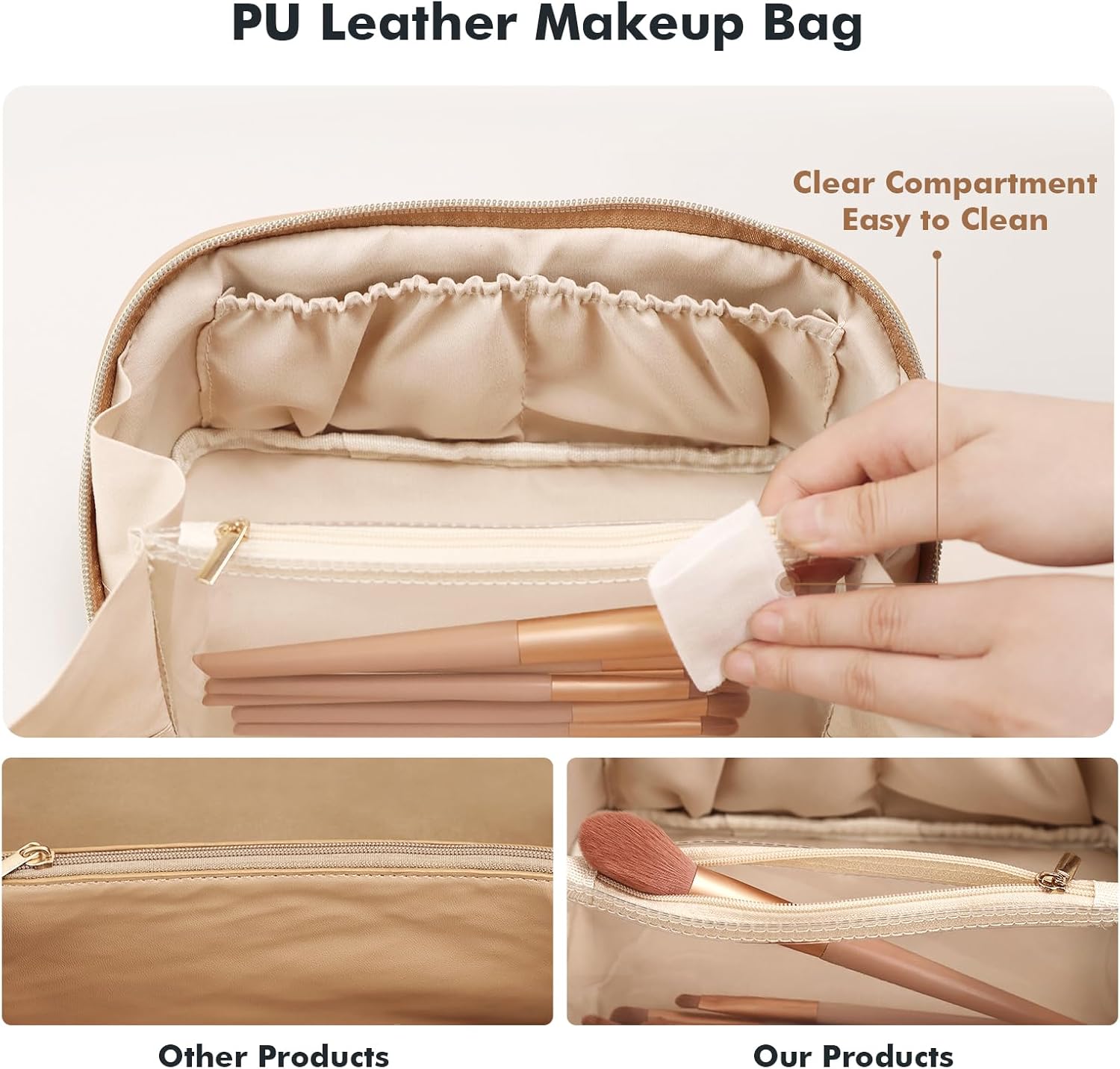 Detalle de Prite Women’s Travel Makeup Bag (Beige) — Waterproof Vegan Leather Organizer with Clear Divider