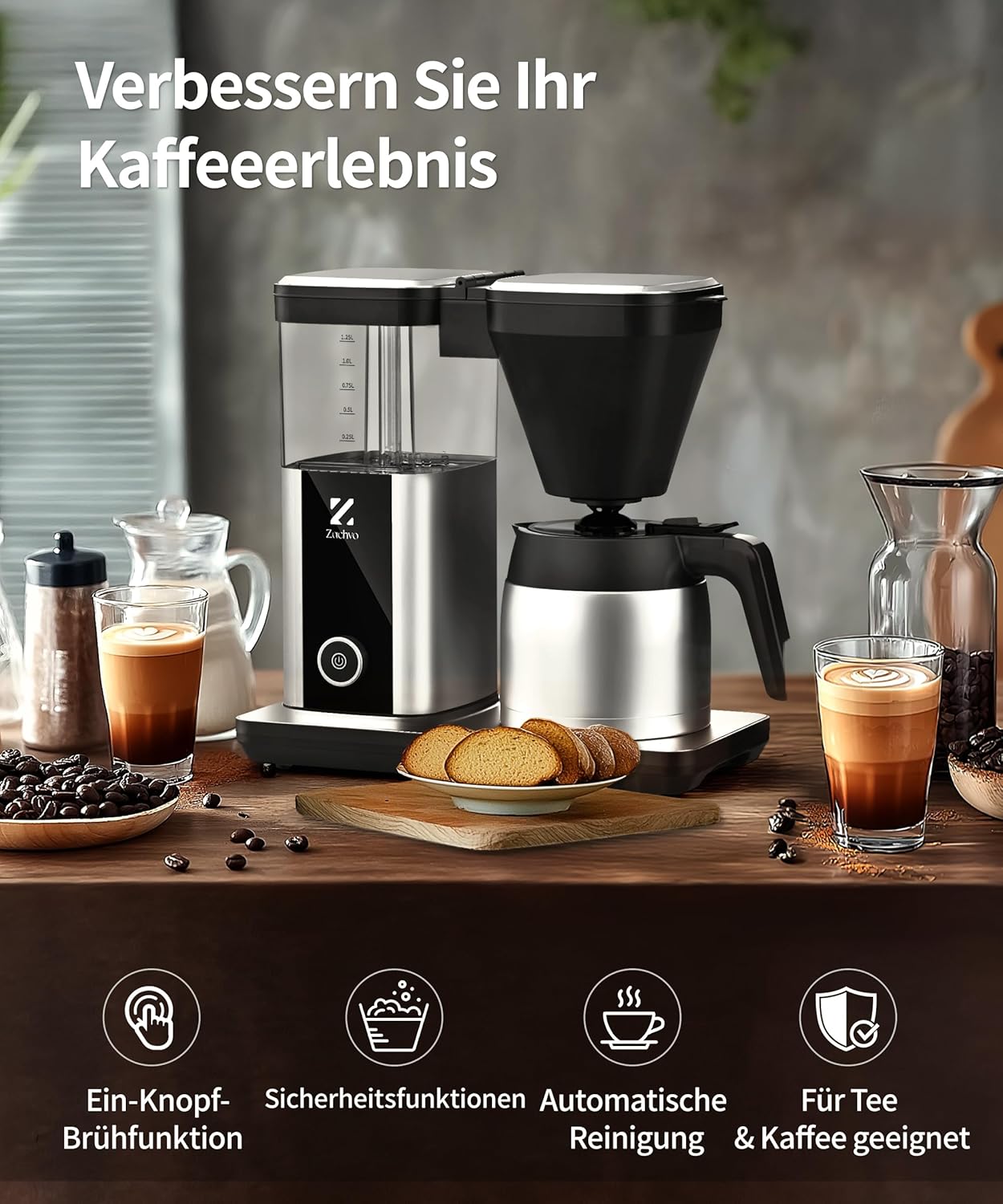 Thumbnail 1 de ZACHVO Filterkaffeemaschine (1,25 L) – Kaffeefilter für den Alltag