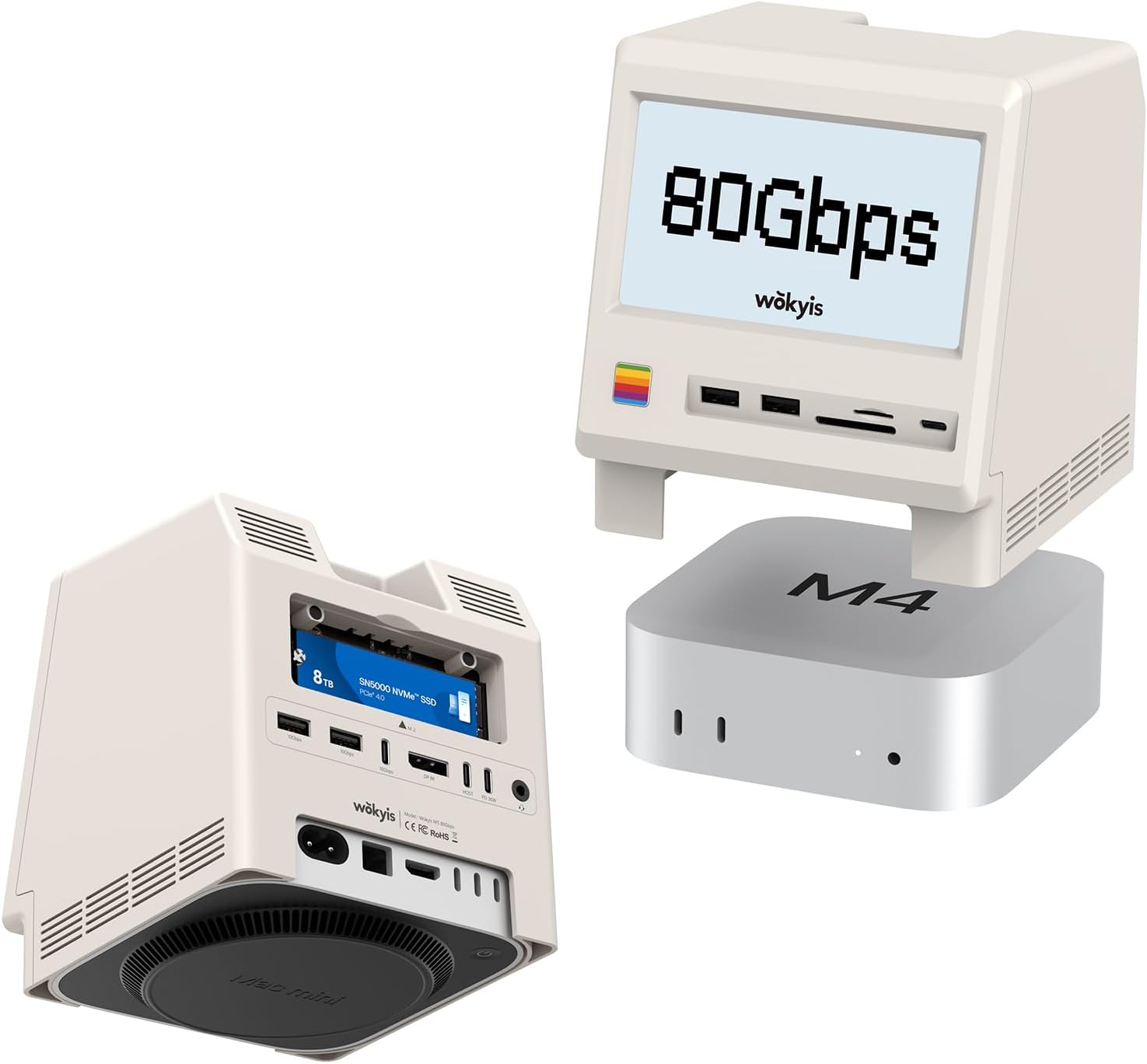Detalle de Wokyis M5 Retro Dock Station per Mac mini M4 Pro: hub Thunderbolt 80 Gbps con schermo integrato e raffreddamento