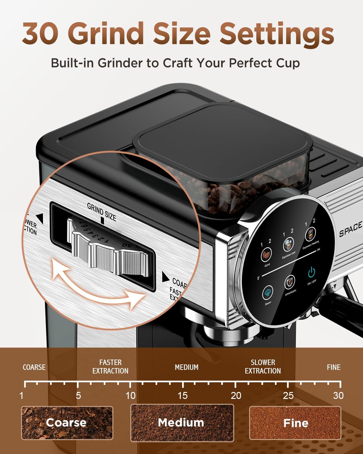 Detalle 2 de Spacekey Espresso Machine with Grinder, 30 Grind Settings